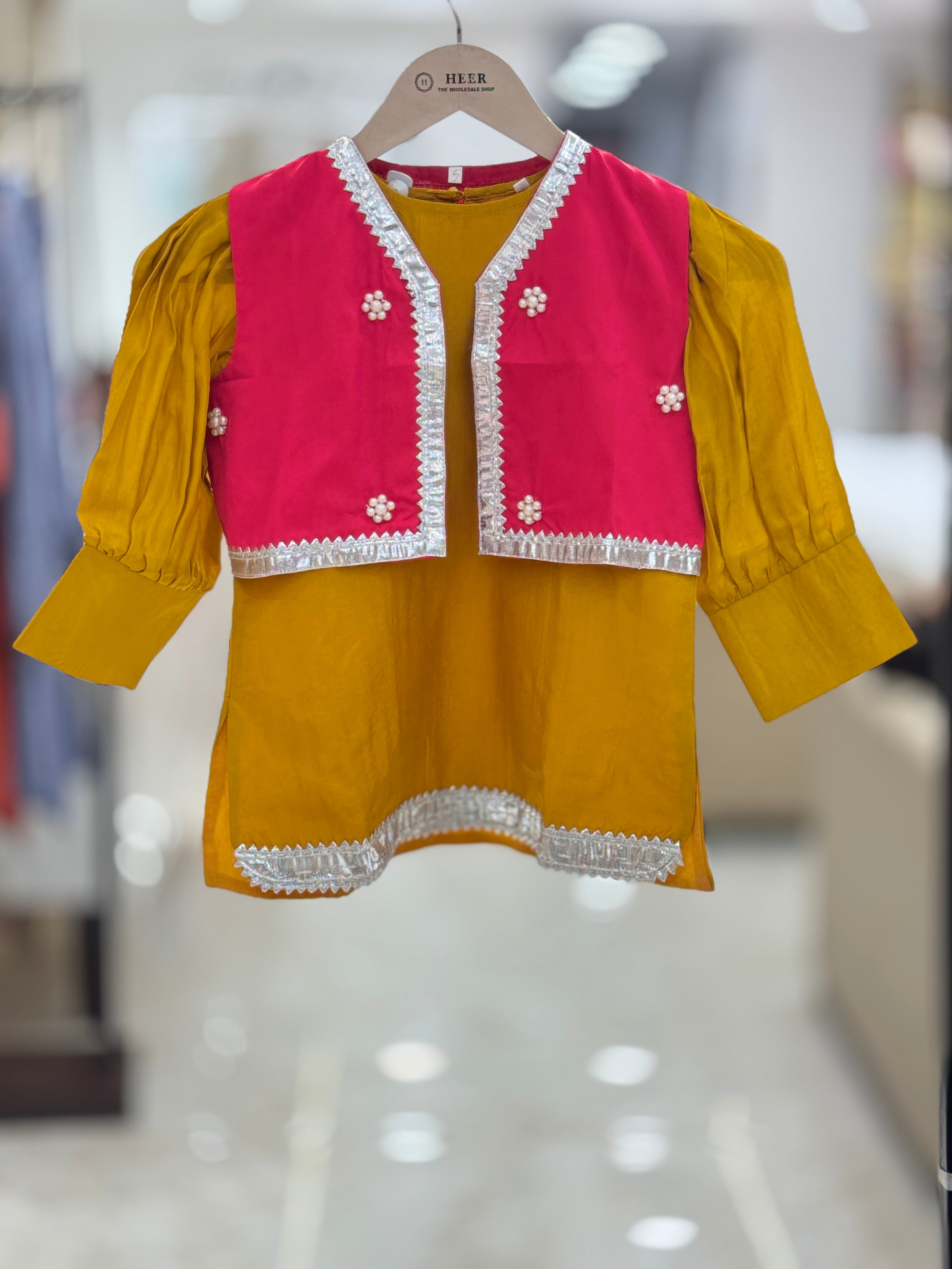 Radiant Mustard & Hot Pink Peplum Kurta with Sharara and Potli Bag Set q562958