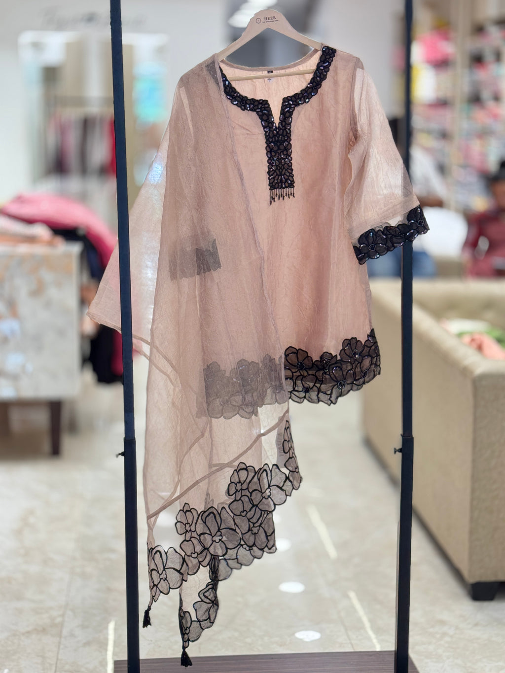 Elegant Dusty Peach Organza Tunic Set with Intricate Black Floral Applique border q562940