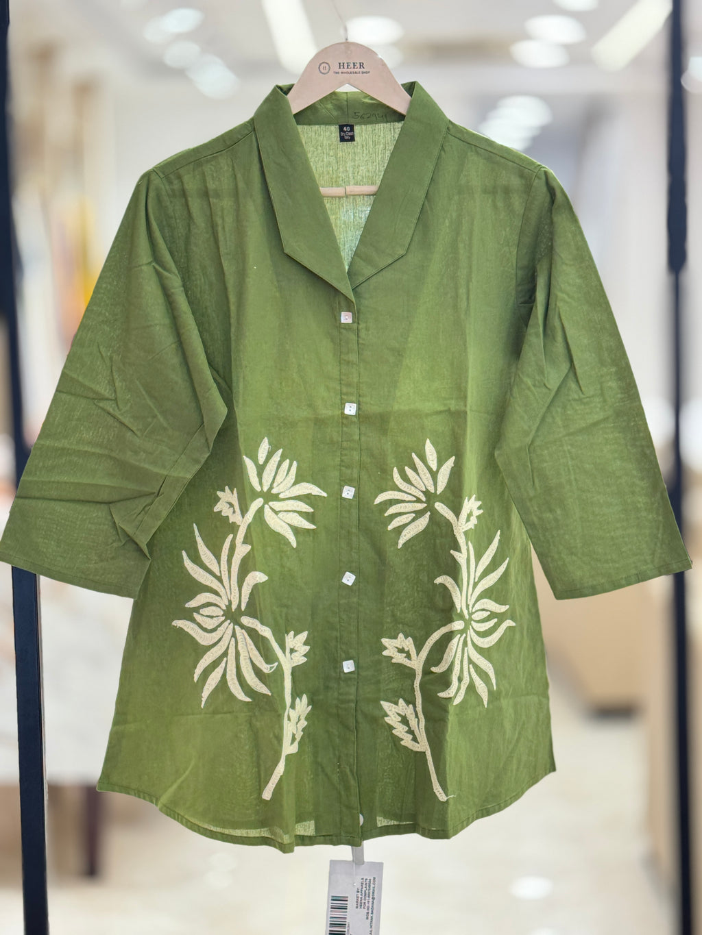 Olive Green Notched-Collar Co-ord Set with Floral Embroidery q562941