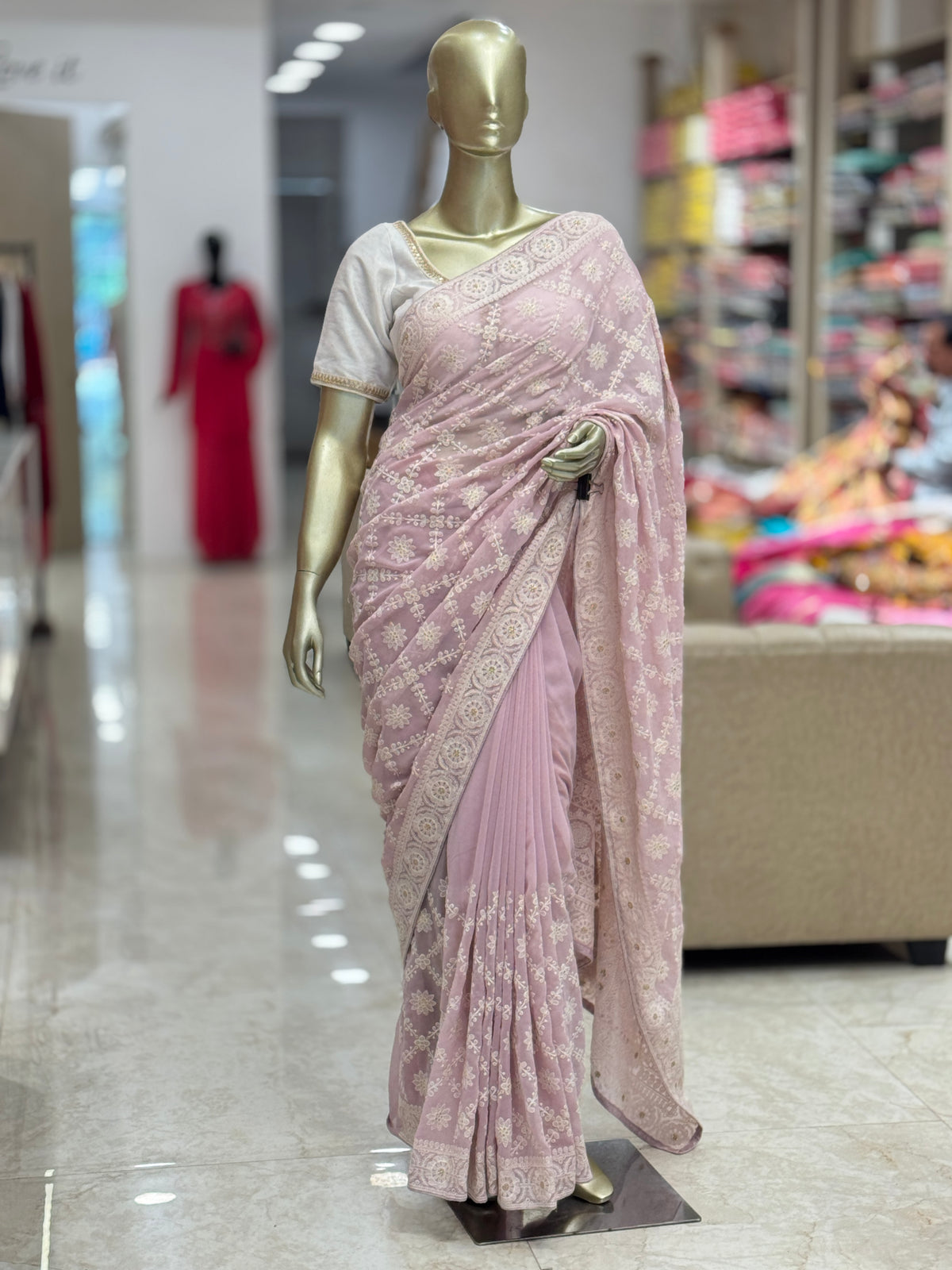 Graceful Lavender Georgette Saree with Intricate White Thread Embroidery q562977