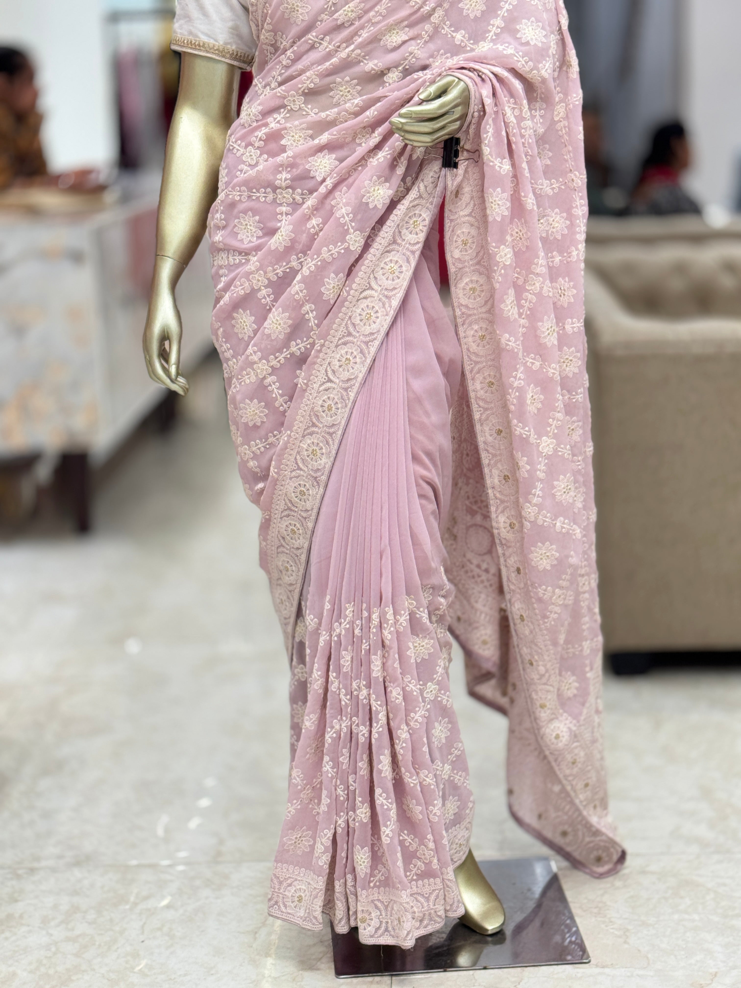 Graceful Lavender Georgette Saree with Intricate White Thread Embroidery q562977