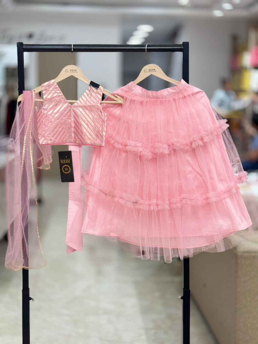 Exquisite Pink Chevron Sleeveless Choli and Tiered Tulle Lehenga Set q562954