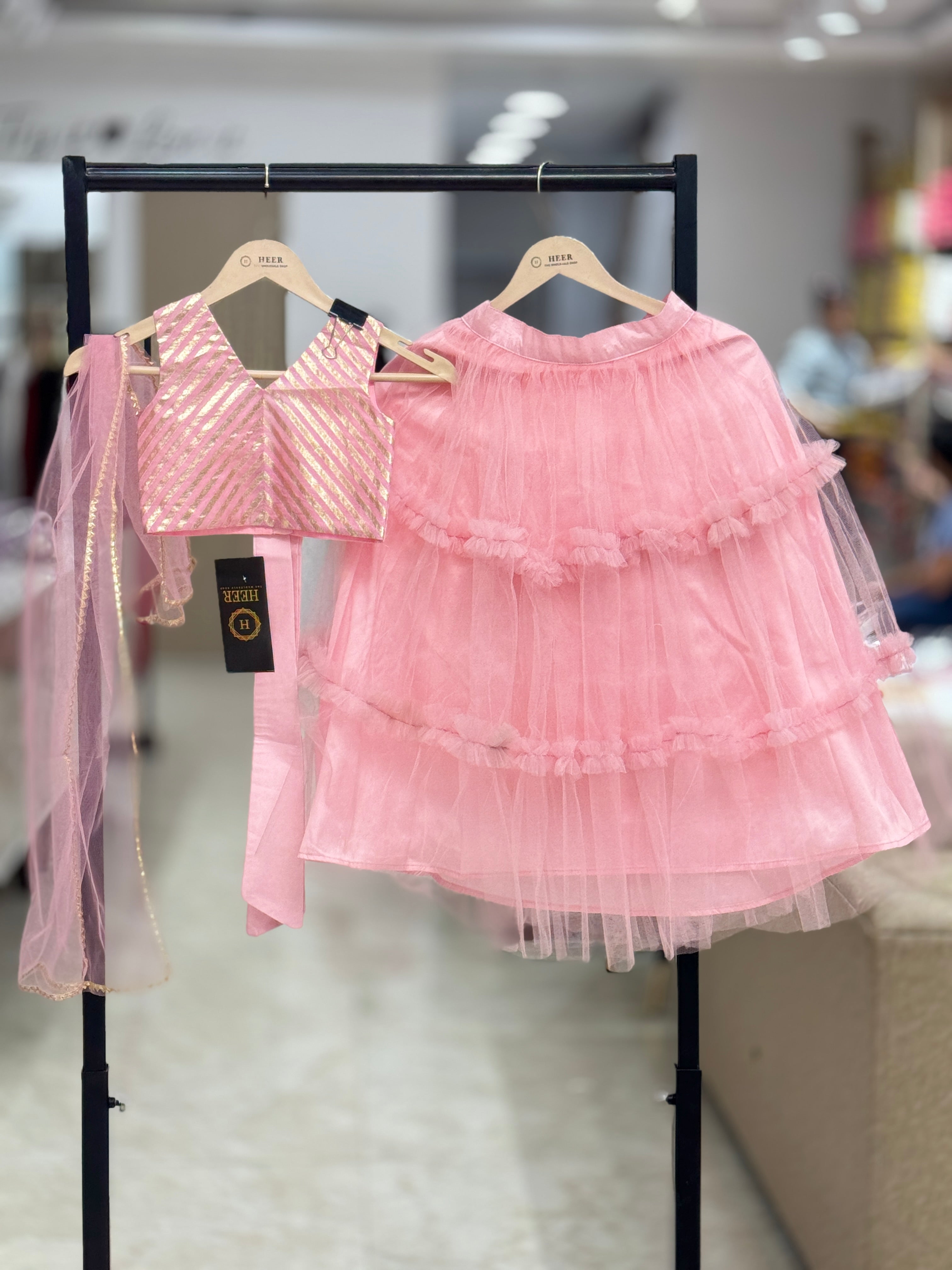 Exquisite Pink Chevron Sleeveless Choli and Tiered Tulle Lehenga Set q562954