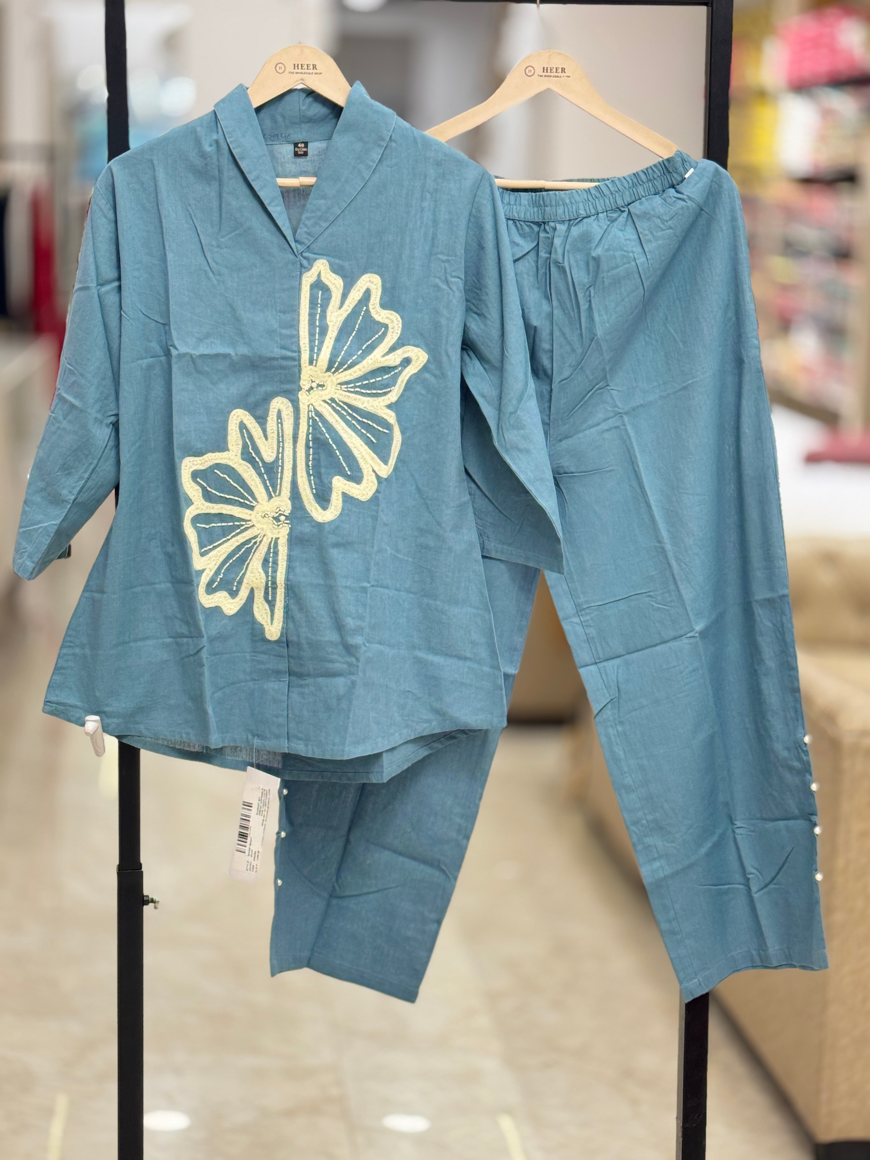 Elegant Steel-Blue Floral Appliqué Linen Co-ord Set q562946