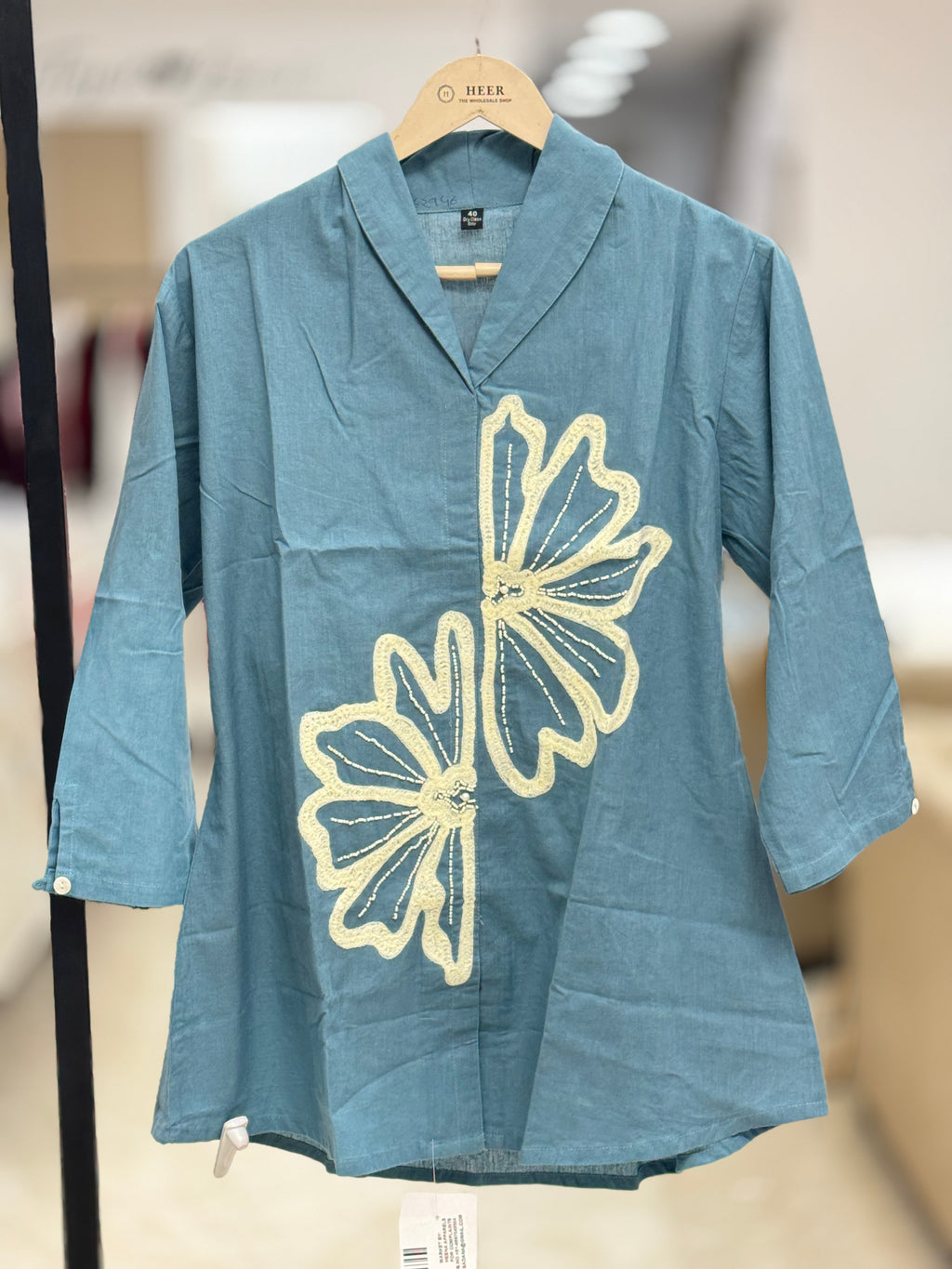 Elegant Steel-Blue Floral Appliqué Linen Co-ord Set q562946
