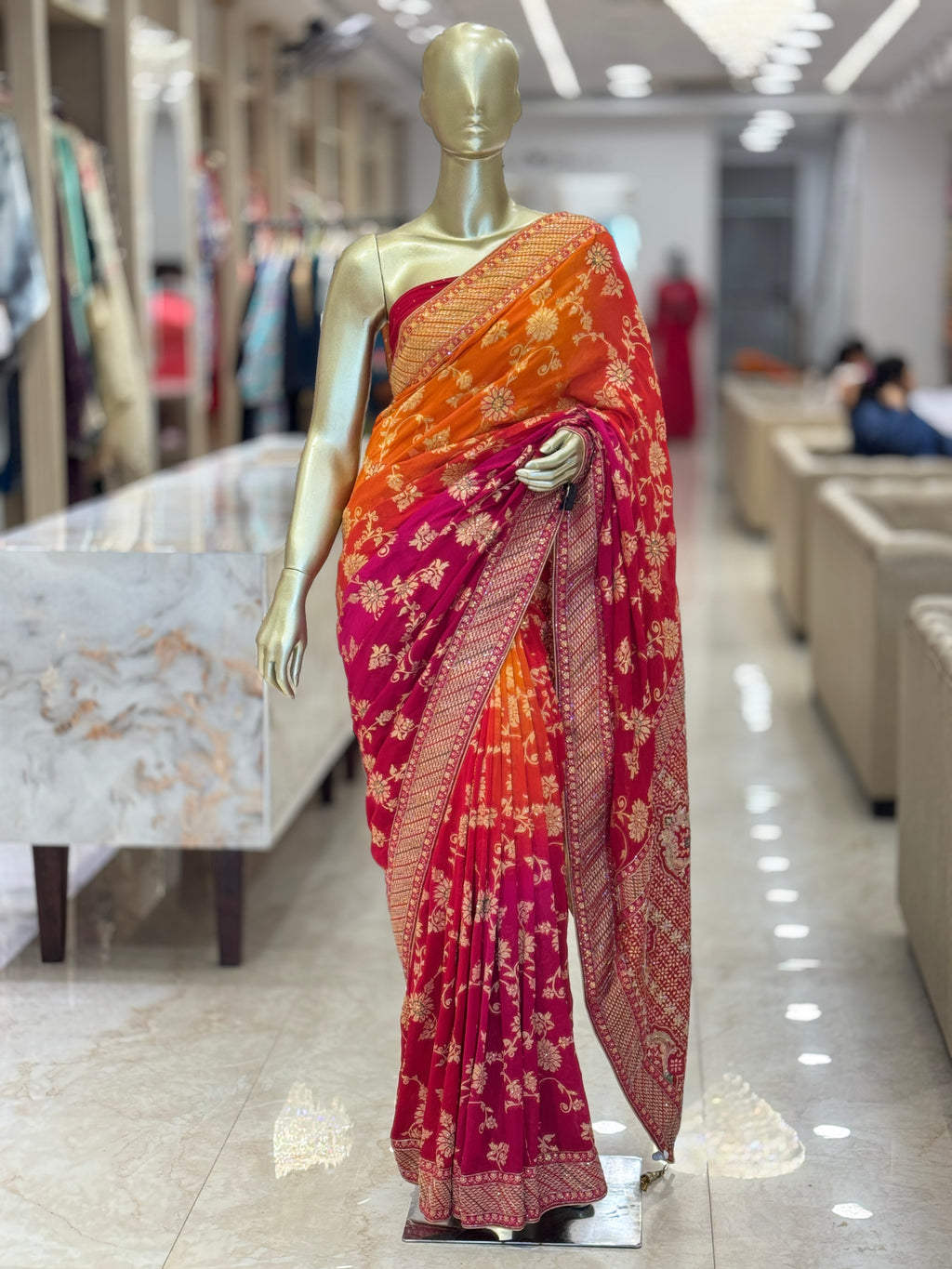 Exquisite Magenta Pink and Orange Ombre Silk Saree with Gold Zari q561180