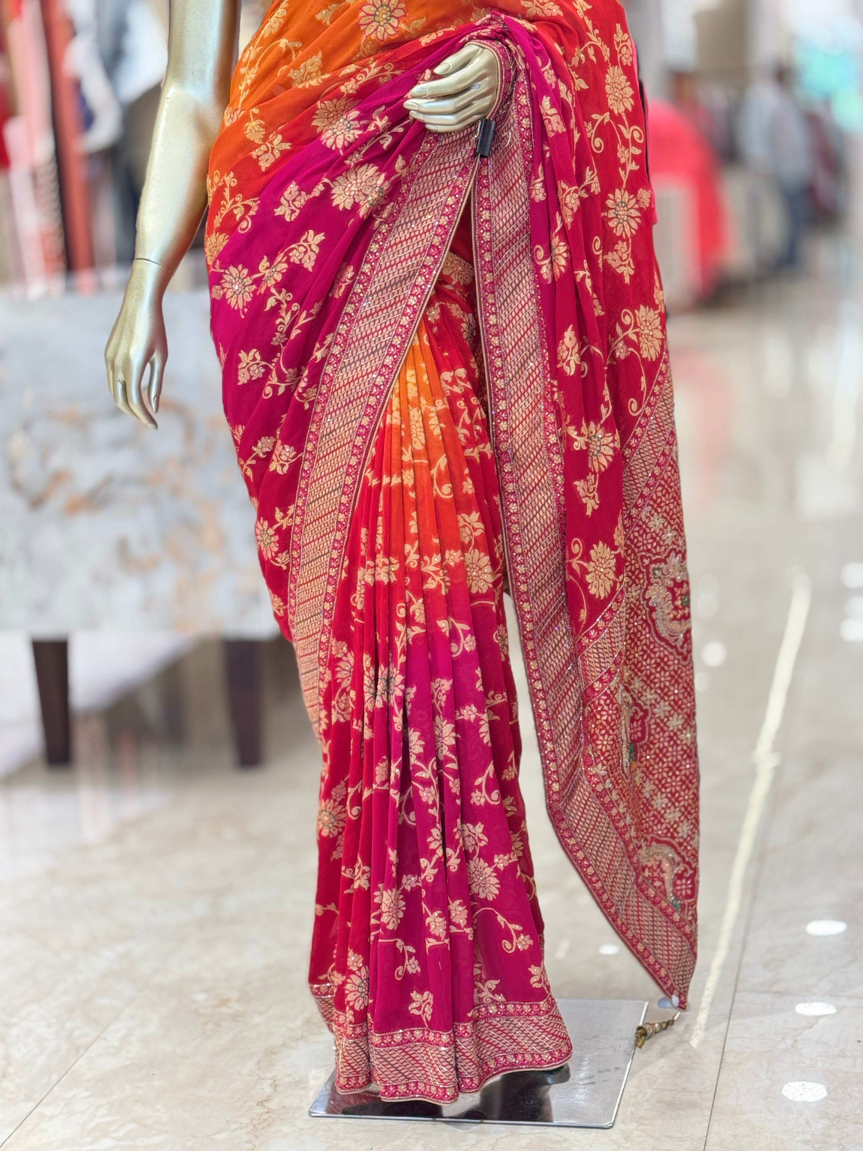 Exquisite Magenta Pink and Orange Ombre Silk Saree with Gold Zari q561180
