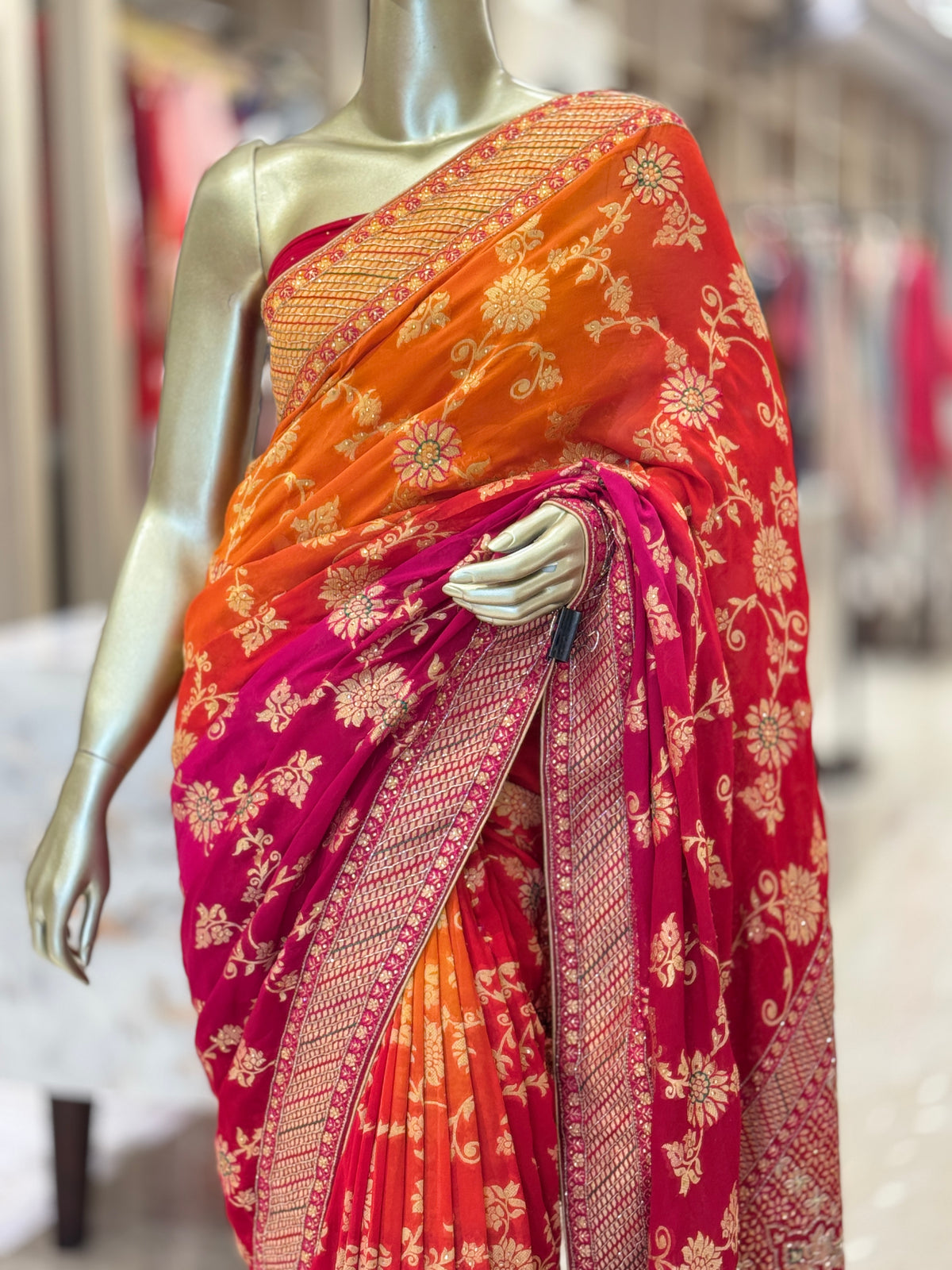 Exquisite Magenta Pink and Orange Ombre Silk Saree with Gold Zari q561180