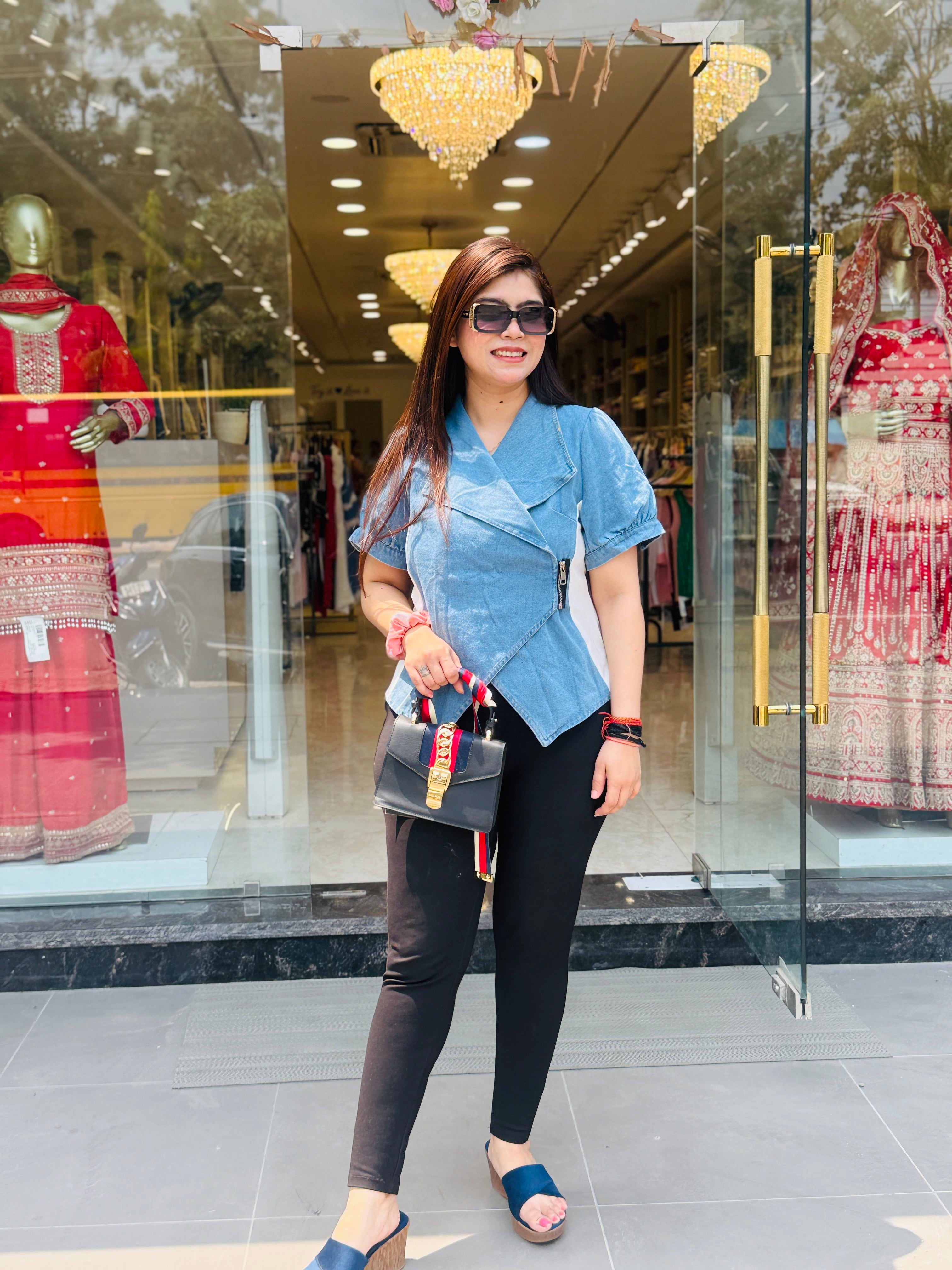 Q562560 Elegant denim Blue Wrap Top