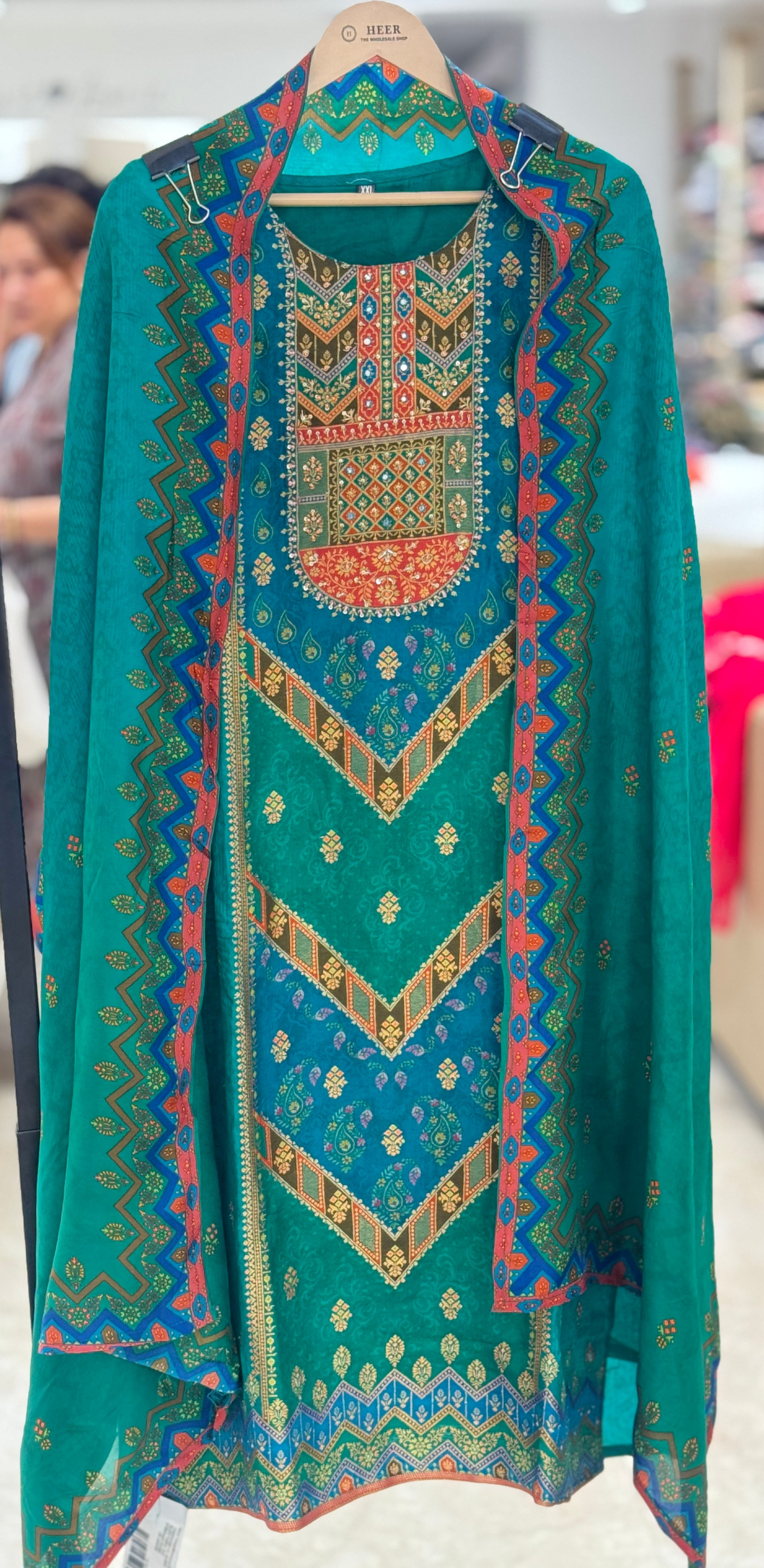 Vibrant Teal Blue-Green Patola & Paisley Print 3-Piece Readymade Kurta Set q561881