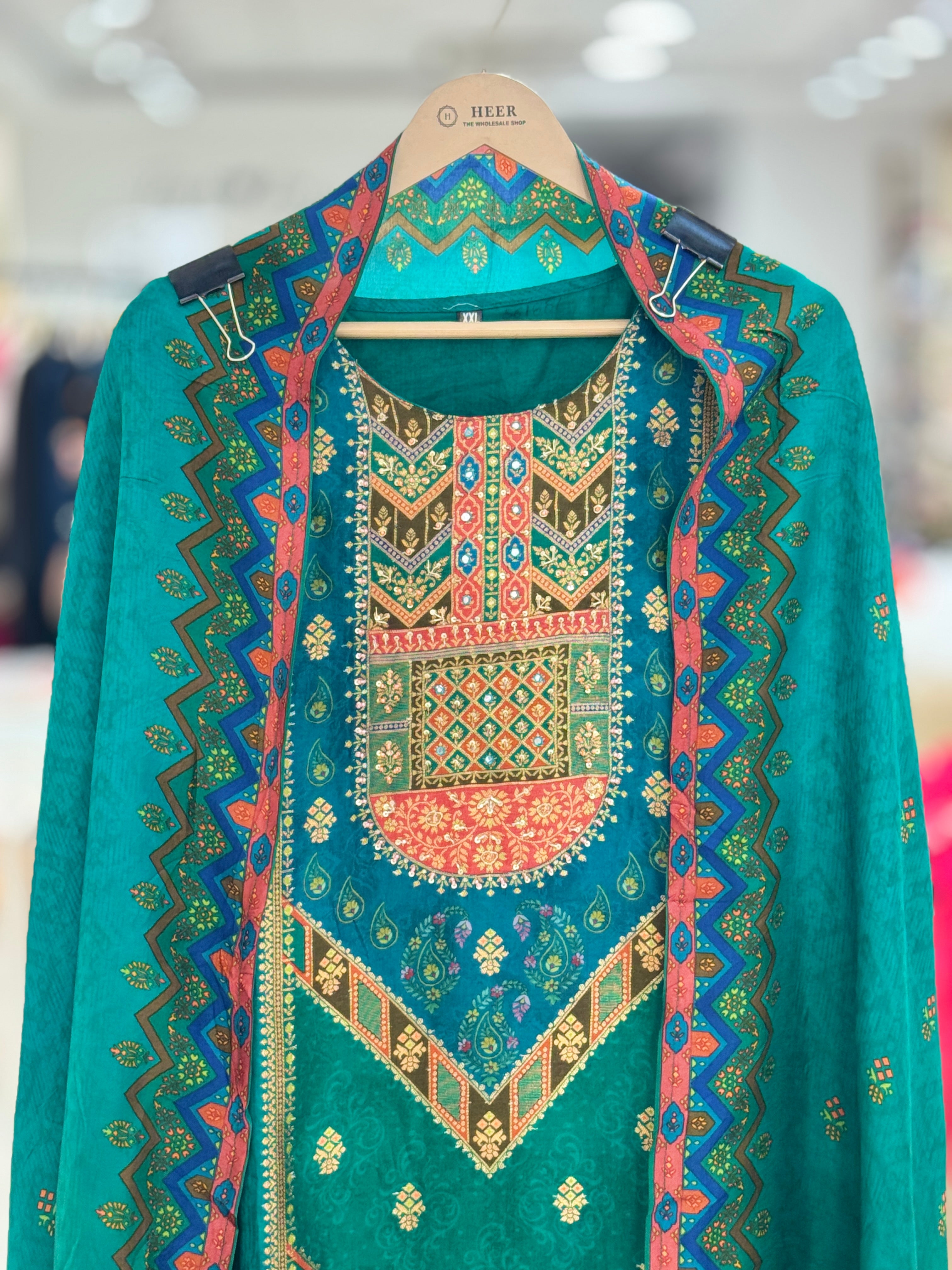 Vibrant Teal Blue-Green Patola & Paisley Print 3-Piece Readymade Kurta Set q561881