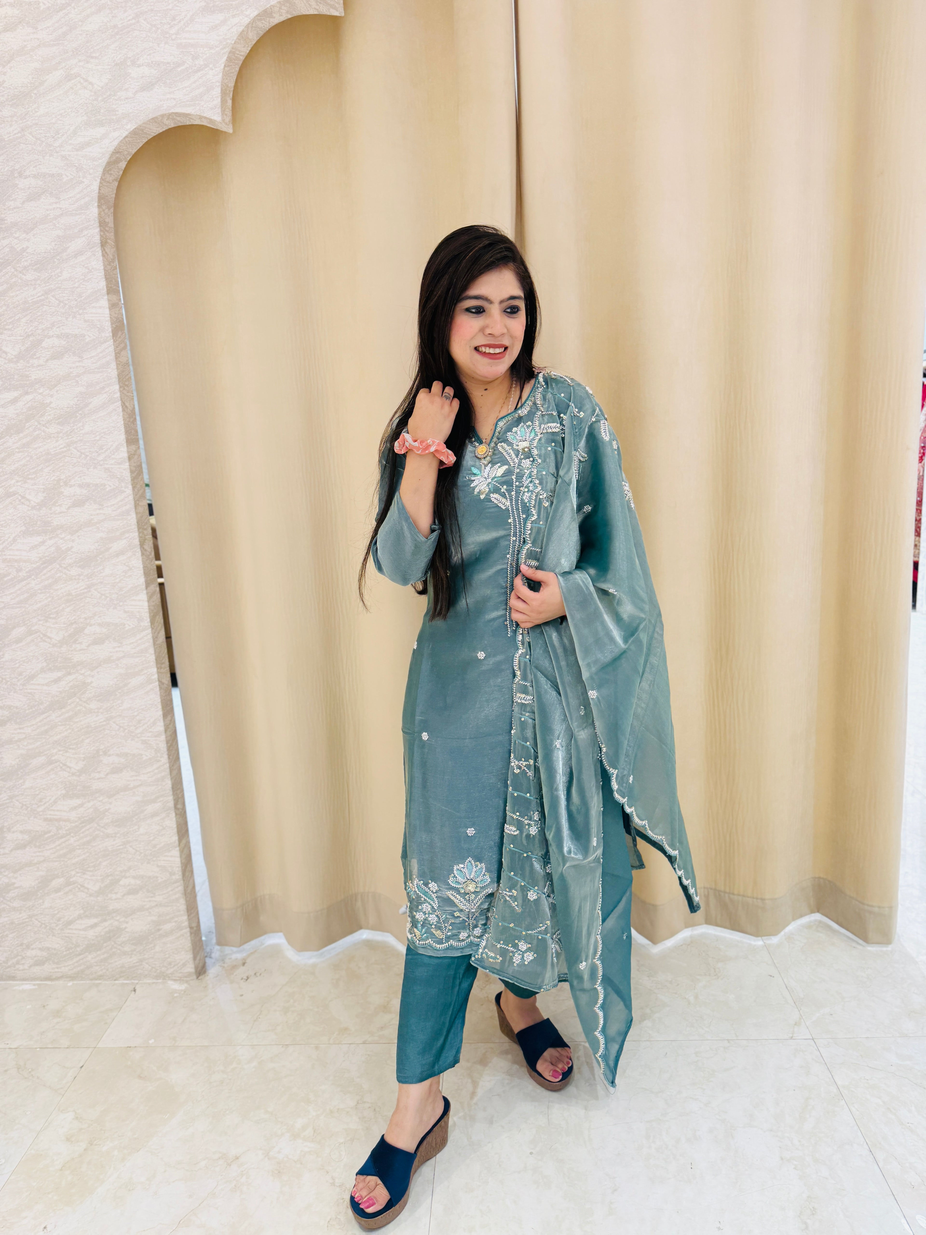 Premium Teal Jimmy Choo Fabric Suit with Designer Handwork Neckline and Scalloped Dupatta Q561677