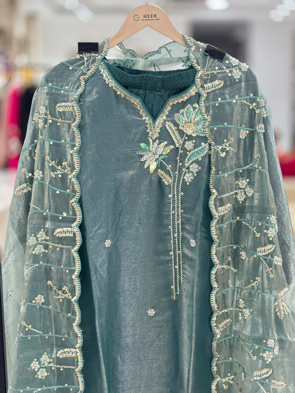 Premium Teal Jimmy Choo Fabric Suit with Designer Handwork Neckline and Scalloped Dupatta Q561677