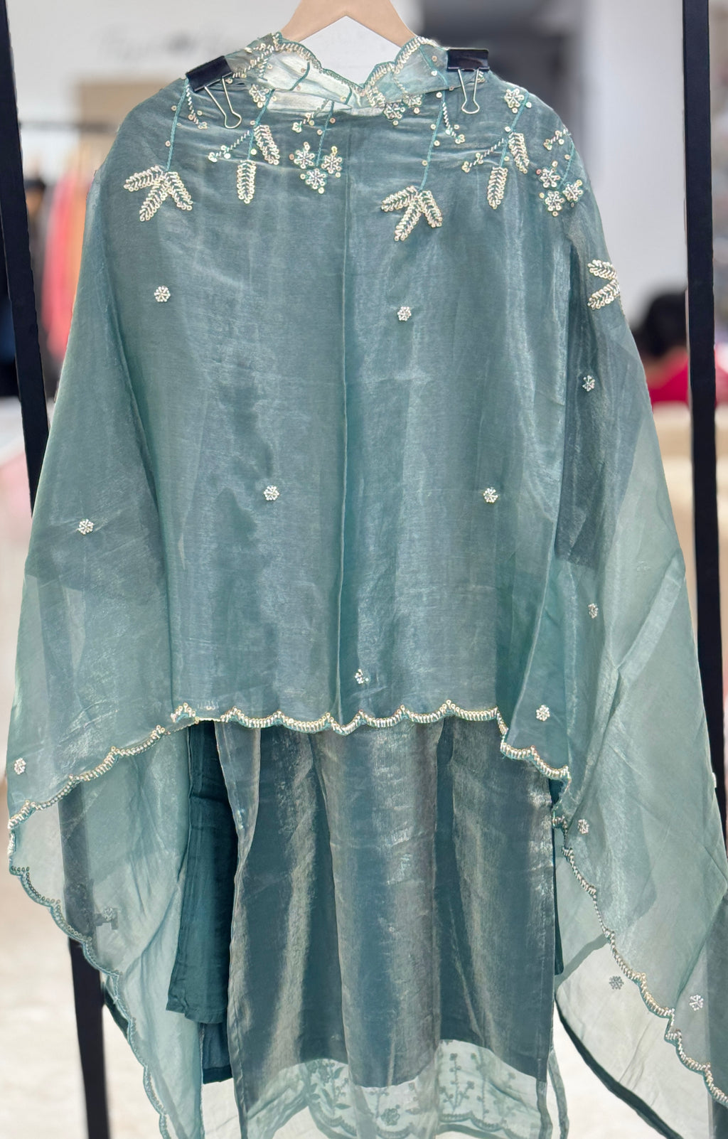 Premium Teal Jimmy Choo Fabric Suit with Designer Handwork Neckline and Scalloped Dupatta Q561677