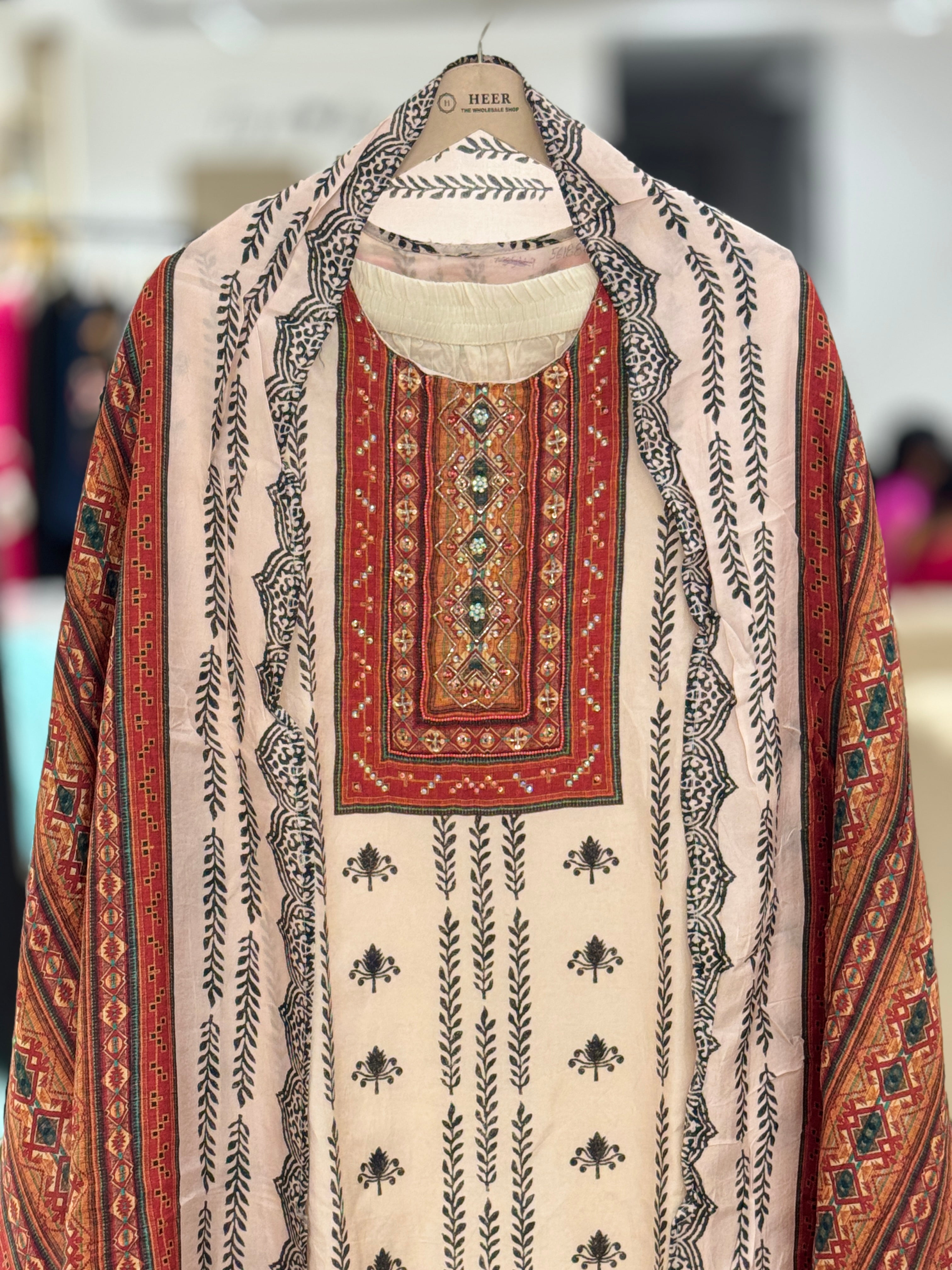 Traditional Ivory & Rust Hand-Block Print 3-Piece Readymade Kurta Set Q561880