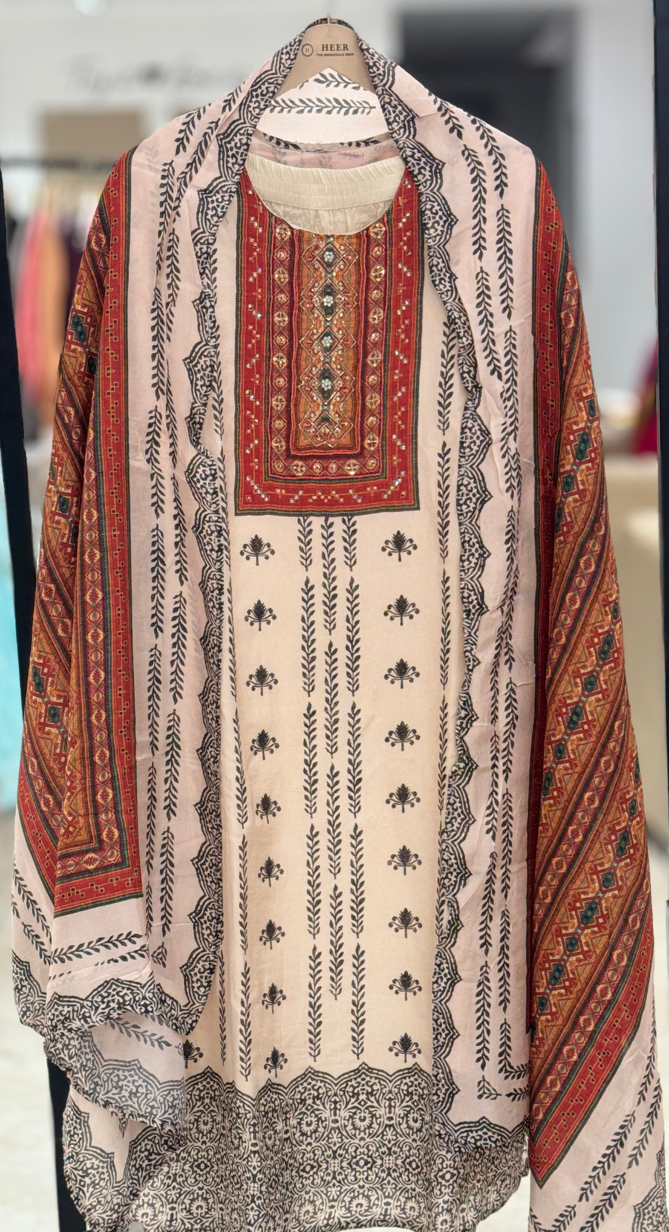 Traditional Ivory & Rust Hand-Block Print 3-Piece Readymade Kurta Set Q561880