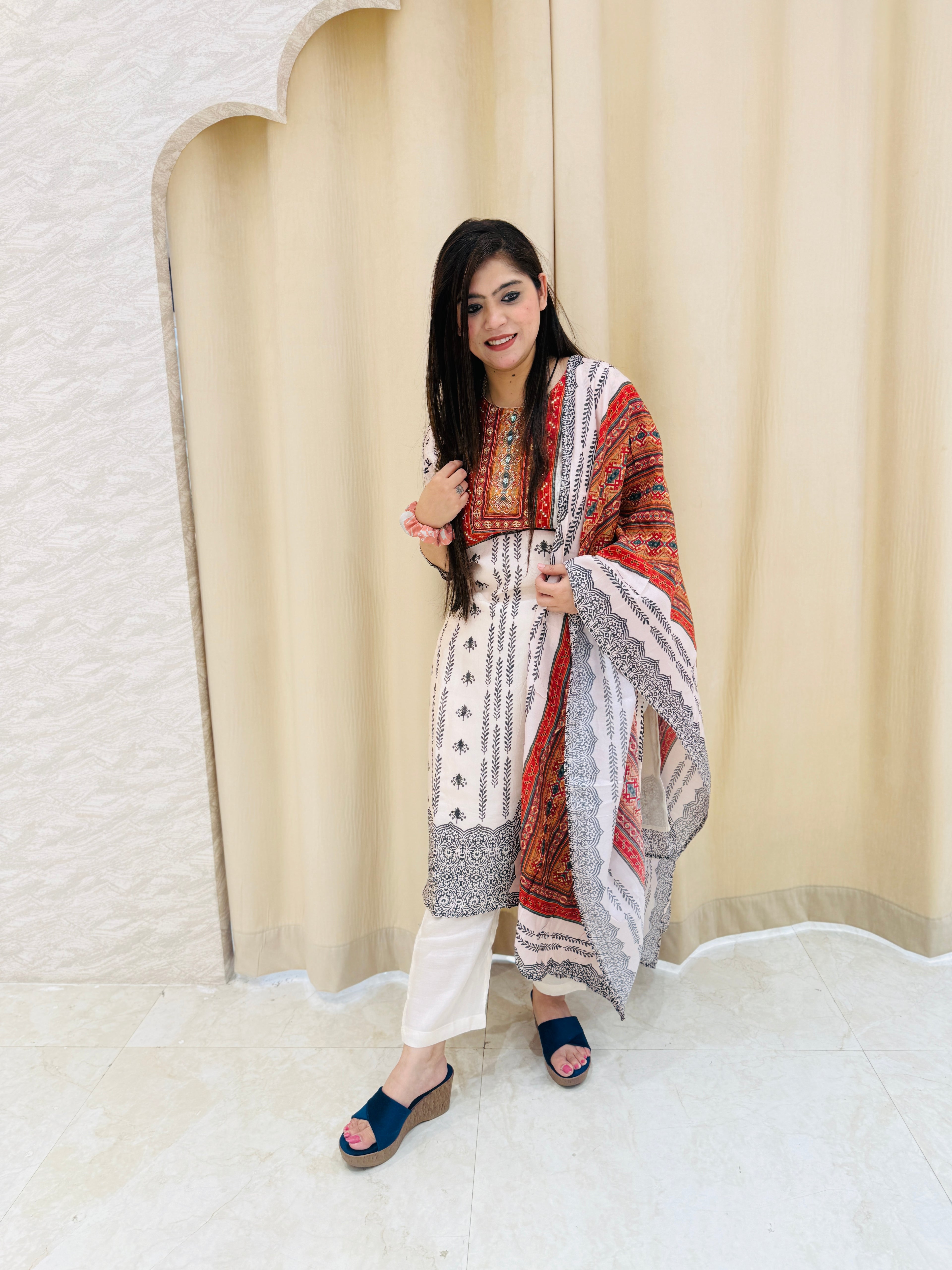 Traditional Ivory & Rust Hand-Block Print 3-Piece Readymade Kurta Set Q561880