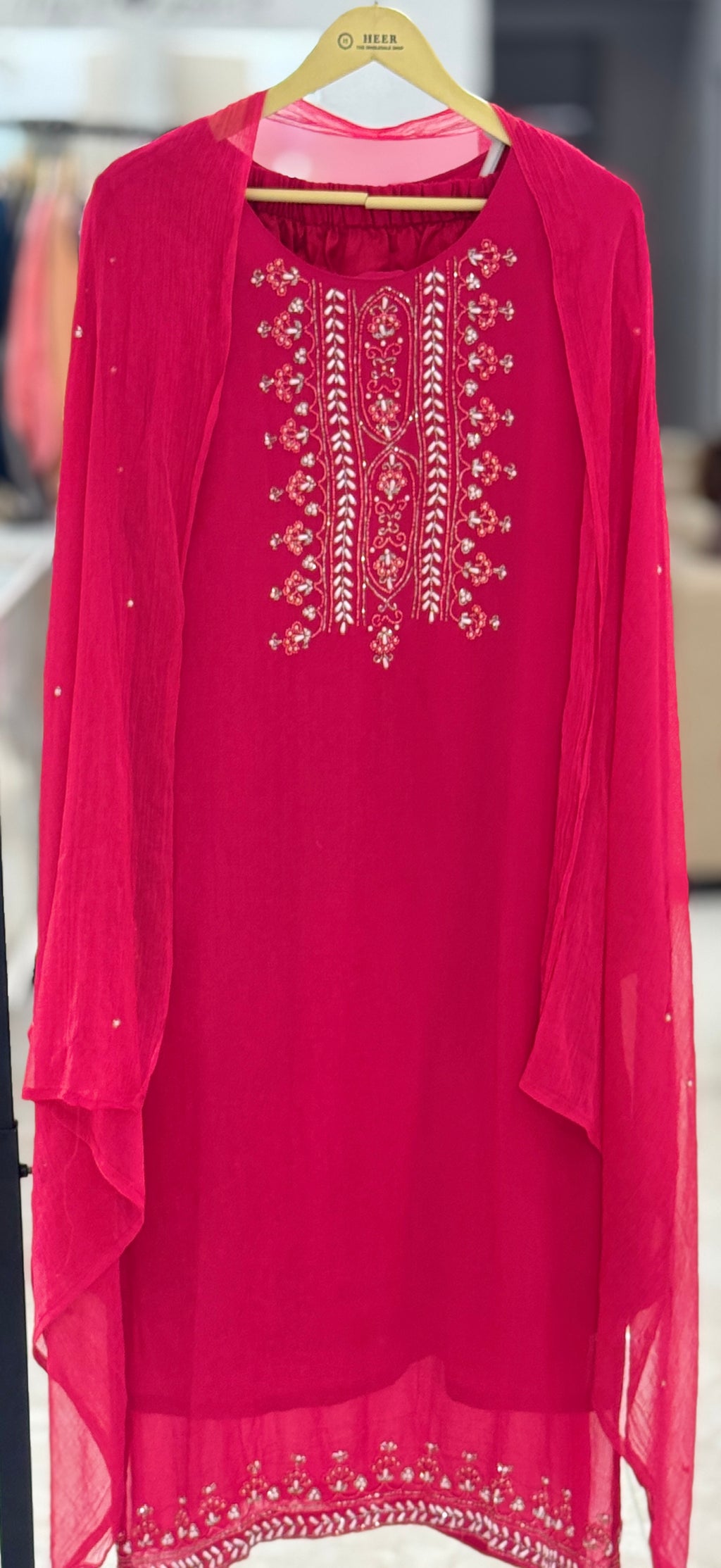 Stunning Magenta Pink Chinon 3-Piece Readymade Kurta Set q56607