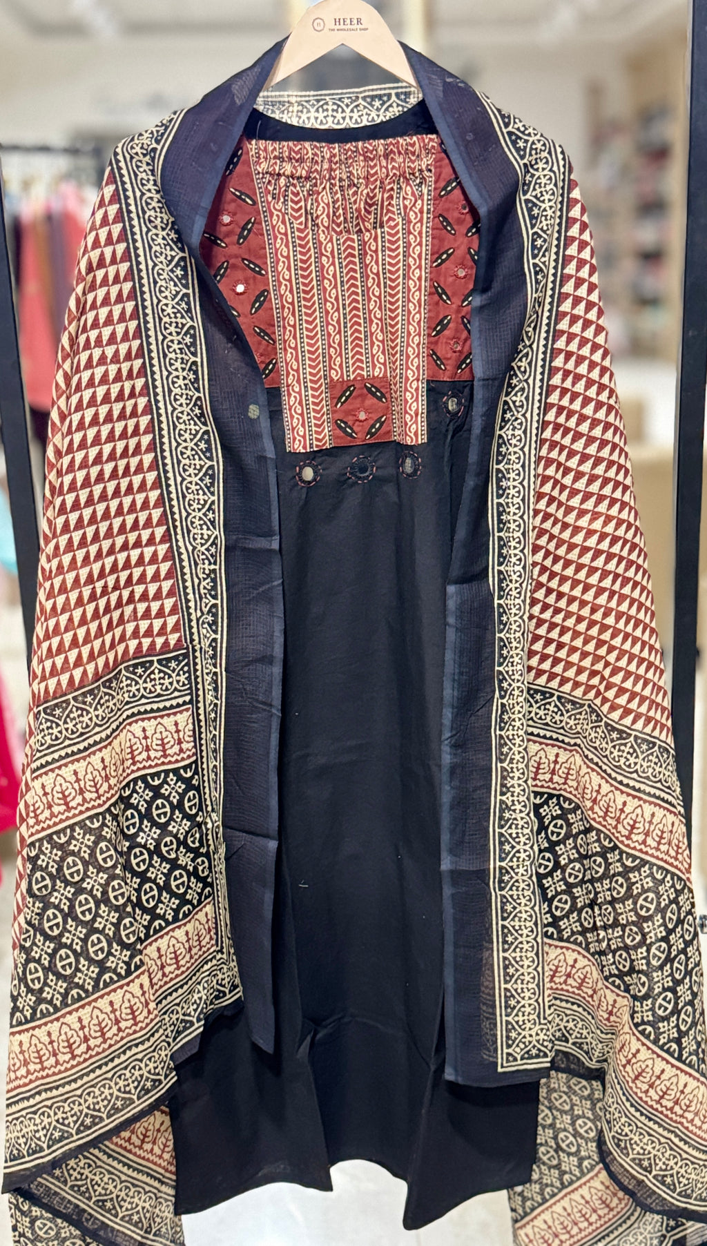 Elegant Jet Black Ajrakh Print Readymade Kurta Set with Plazo and Dupatta Q562660