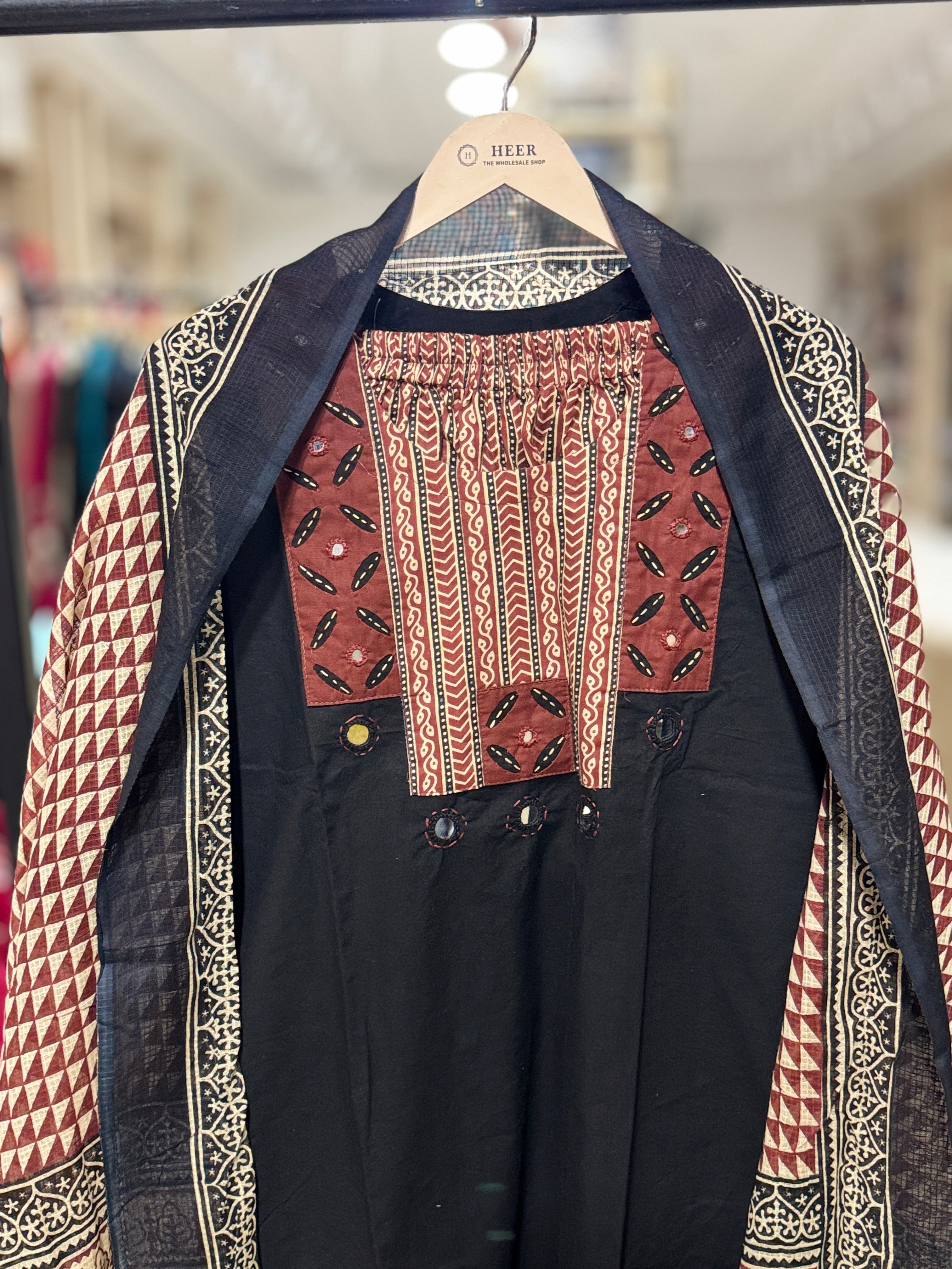 Elegant Jet Black Ajrakh Print Readymade Kurta Set with Plazo and Dupatta Q562660