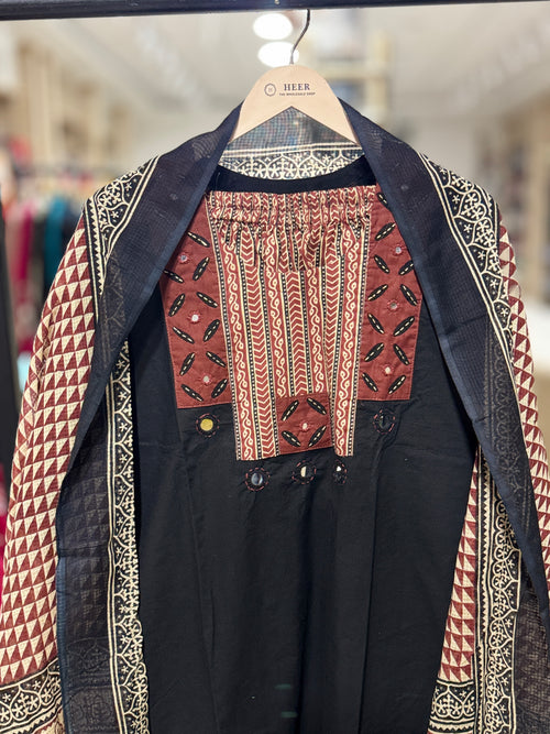 Elegant Jet Black Ajrakh Print Readymade Kurta Set with Plazo and Dupatta Q562660