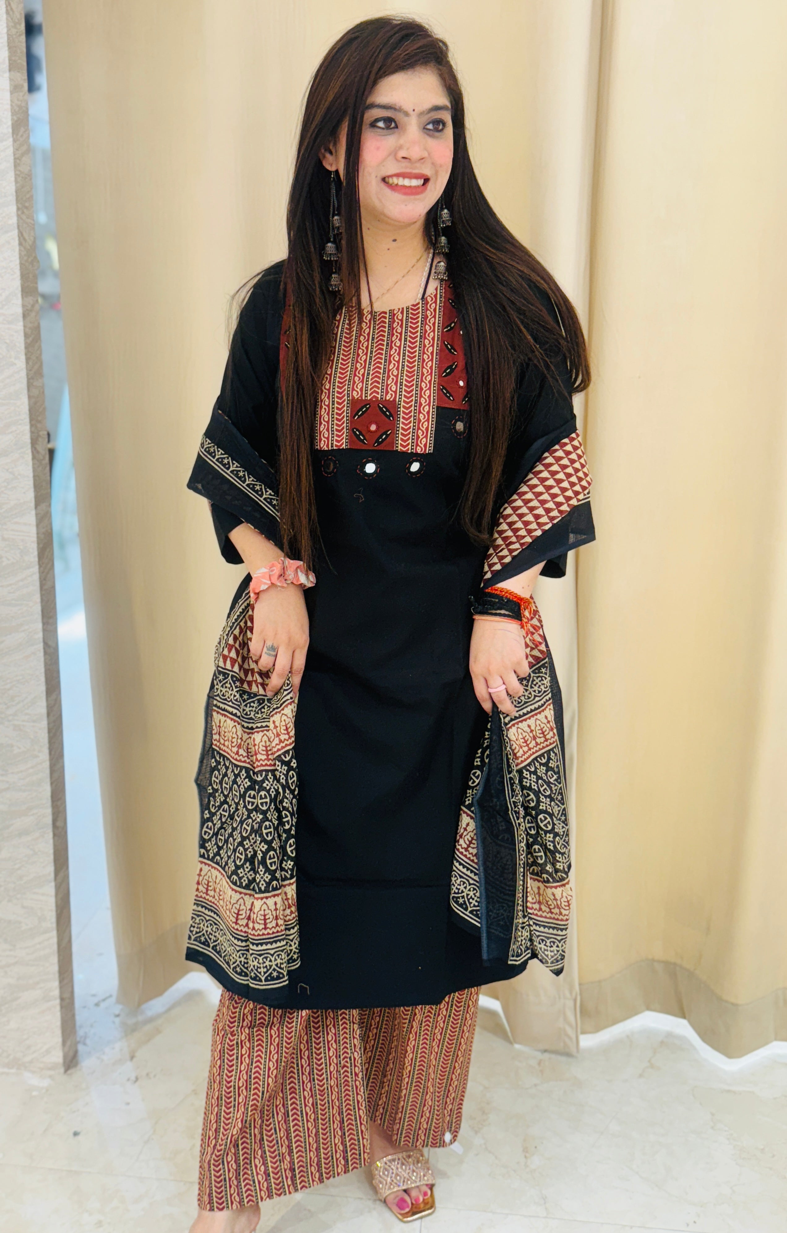 Elegant Jet Black Ajrakh Print Readymade Kurta Set with Plazo and Dupatta Q562660