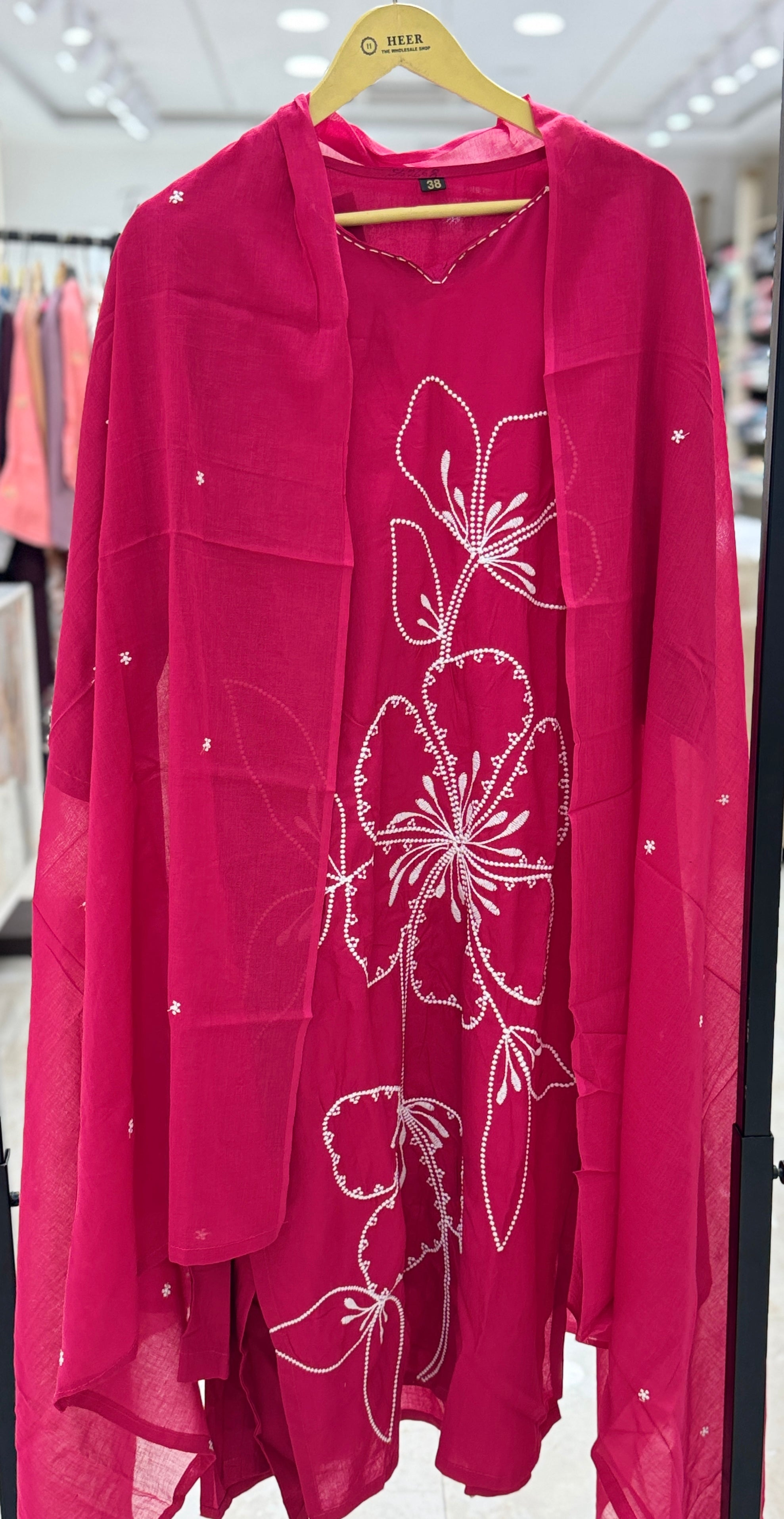 Vibrant Magenta Floral Embroidered Readymade Kurta Set with Dupatta Q562668