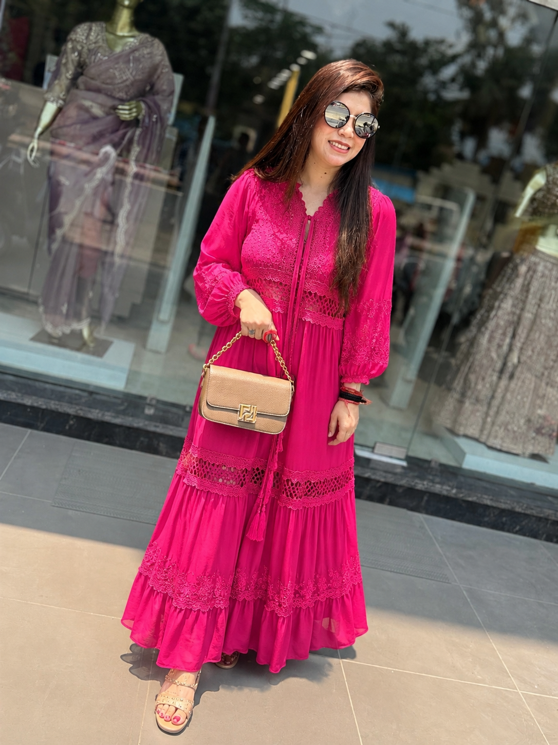 Women's Rani Pink Tiered  Dress with Schiffli Embroidery and Lace Inserts q561448