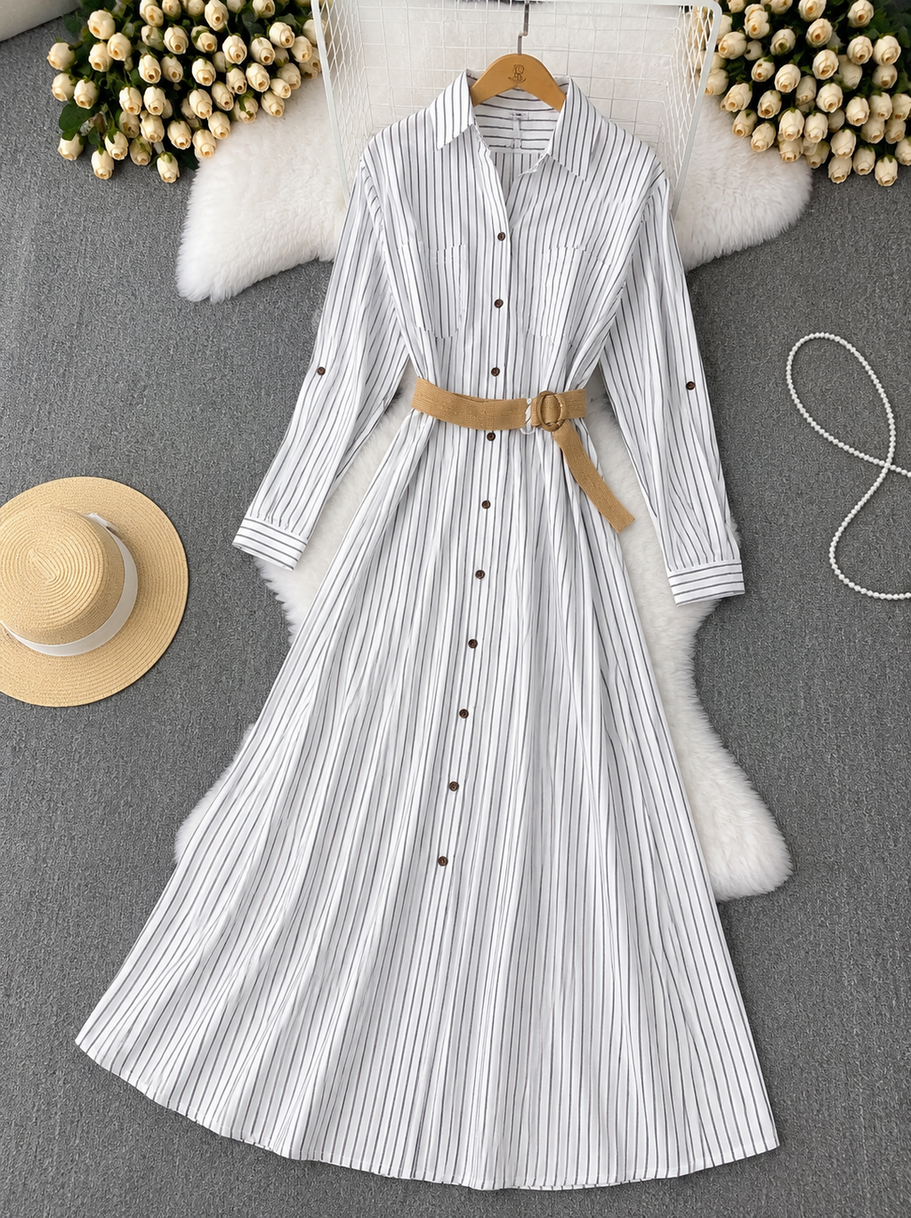 Women's Classic Vertical Striped one pcs  Dress with Jute Belt q562306