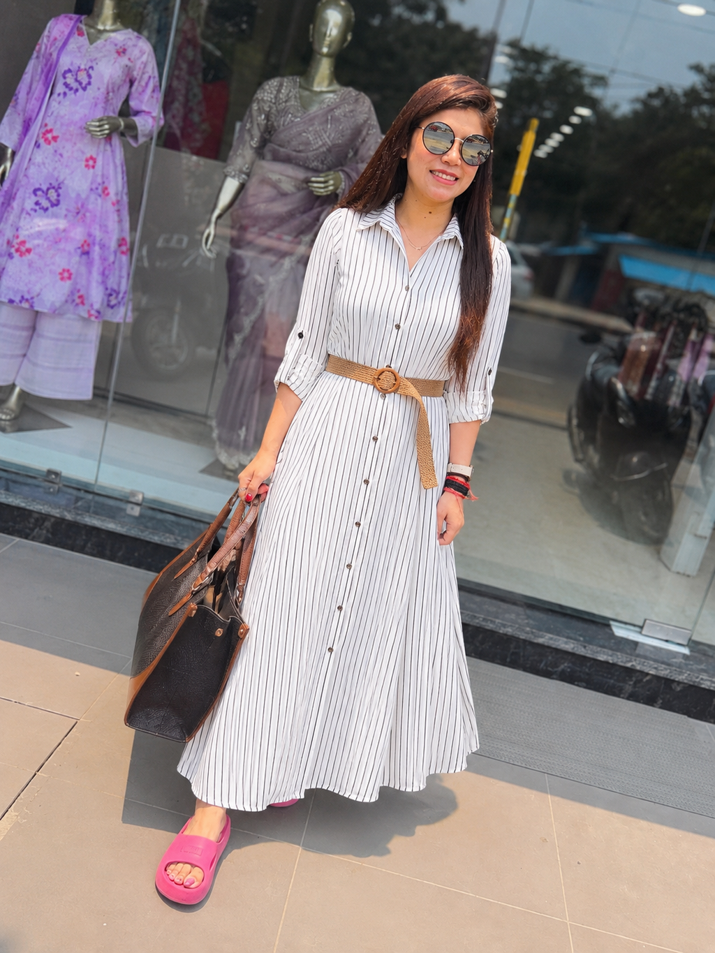 Women's Classic Vertical Striped one pcs  Dress with Jute Belt q562306