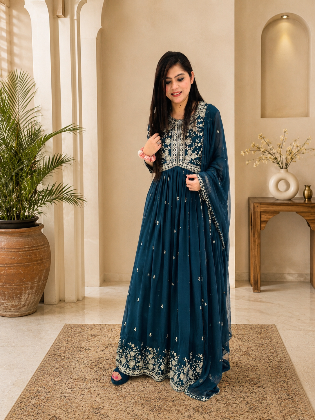Exquisite Peacock Blue Georgette Embroidered Anarkali Gown with Dupatta Set q562255