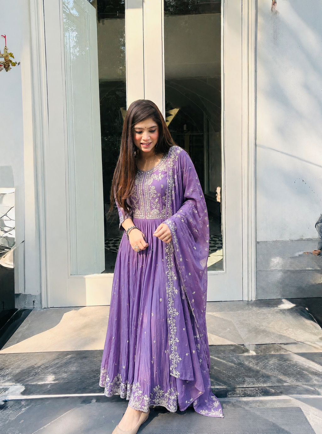 Elegant Mauve Purple Georgette Anarkali Gown with Matching Dupatta Set q562248