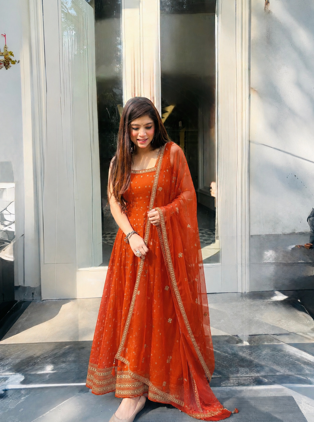 Elegant Rust Orange Printed Anarkali Gown with Embroidered Dupatta Set q562675