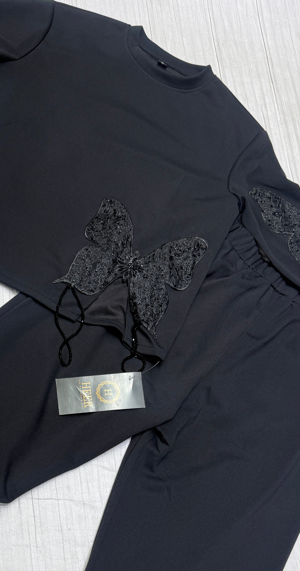 Trendy Jet Black Luxury Co-ord Set with 3D Butterfly Lace Applique Details q562567