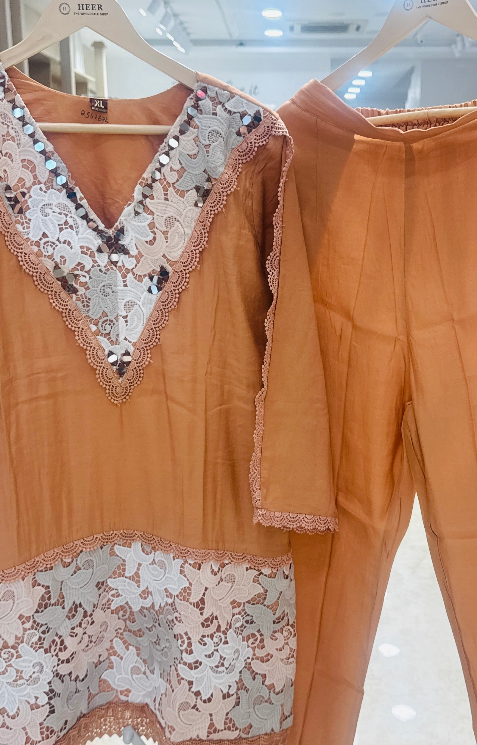 Elegant Tan Brown Cotton Co-ord Set with Sheer Lace and Mirror Work Details q562672