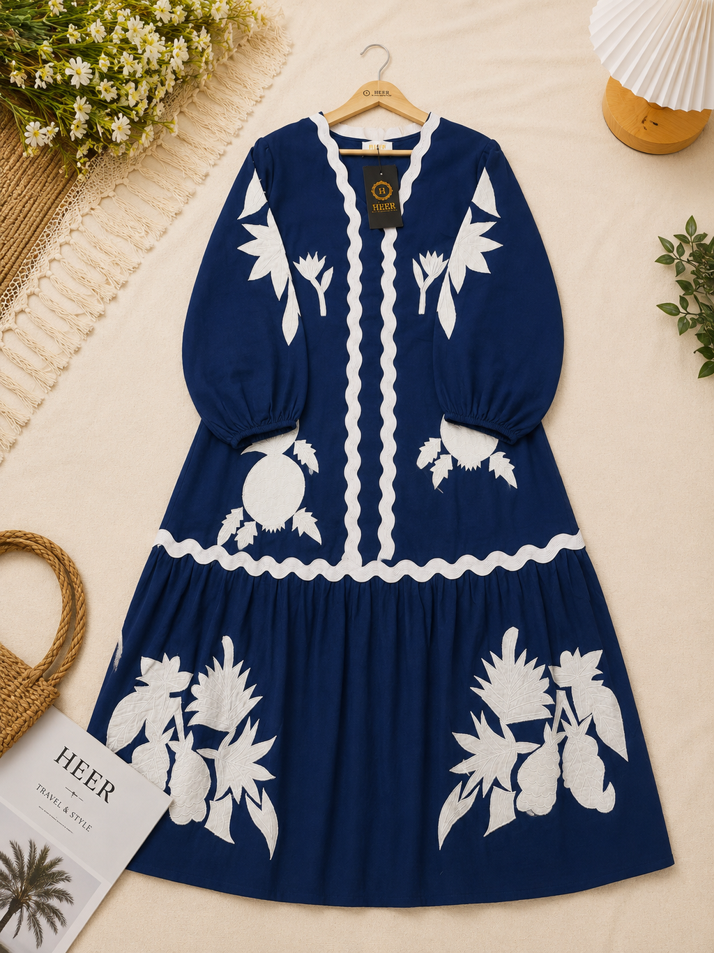 Elegant Royal Blue Tiered Midi Dress with White Floral Embroidery q562552