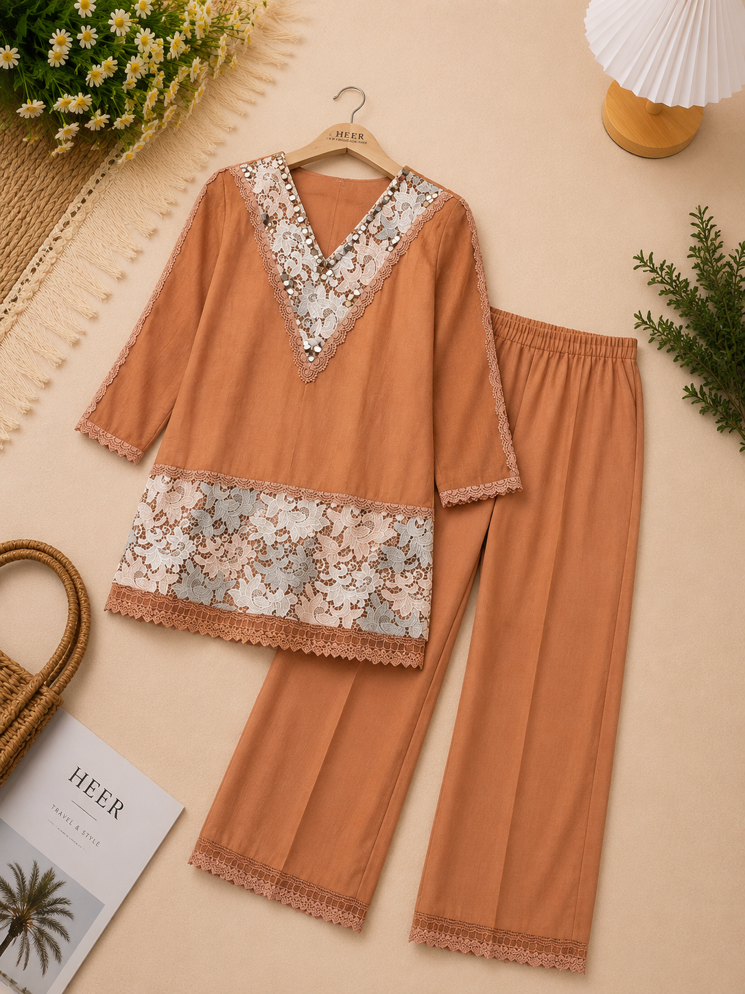 Elegant Tan Brown Cotton Co-ord Set with Sheer Lace and Mirror Work Details q562672