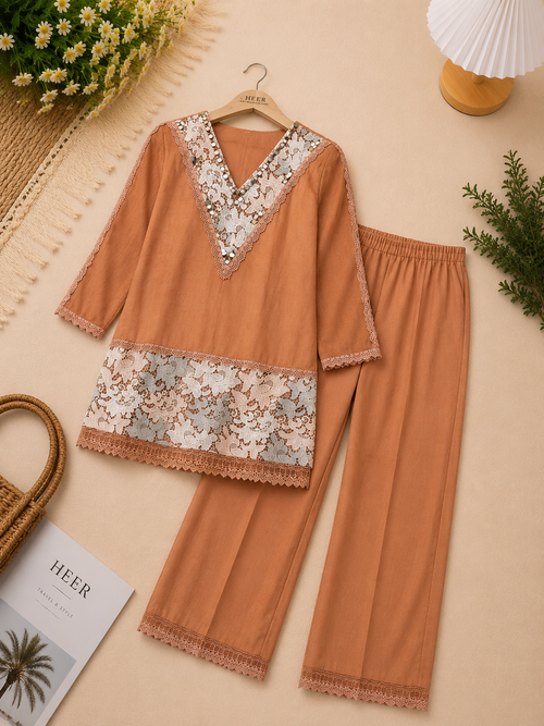 Elegant Tan Brown Cotton Co-ord Set with Sheer Lace and Mirror Work Details q562672