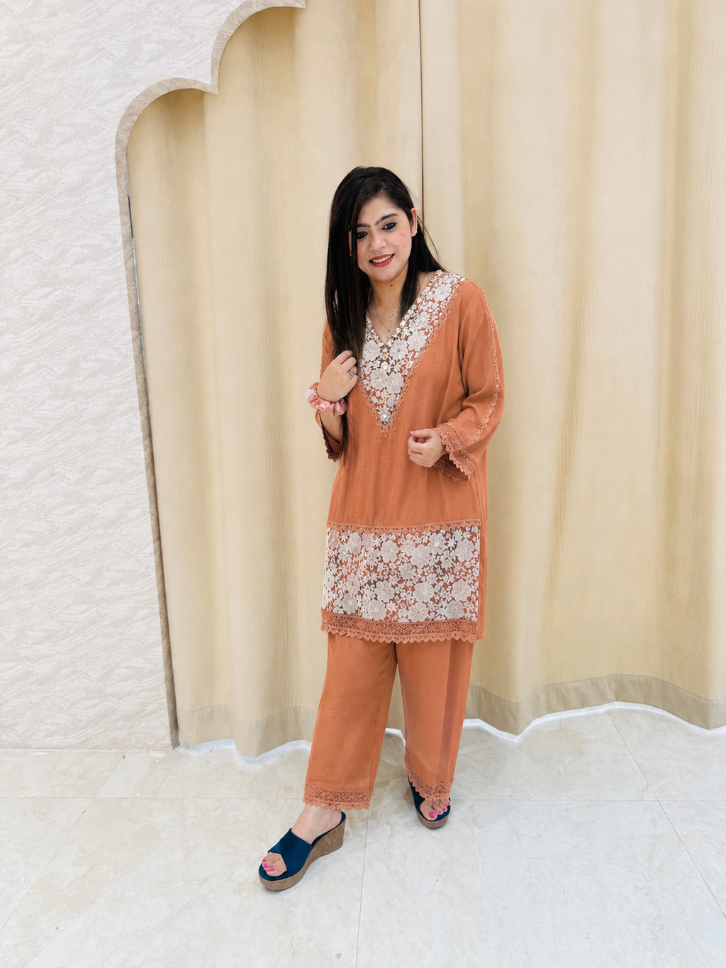 Elegant Tan Brown Cotton Co-ord Set with Sheer Lace and Mirror Work Details q562672