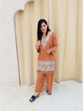 Elegant Tan Brown Cotton Co-ord Set with Sheer Lace and Mirror Work Details q562672