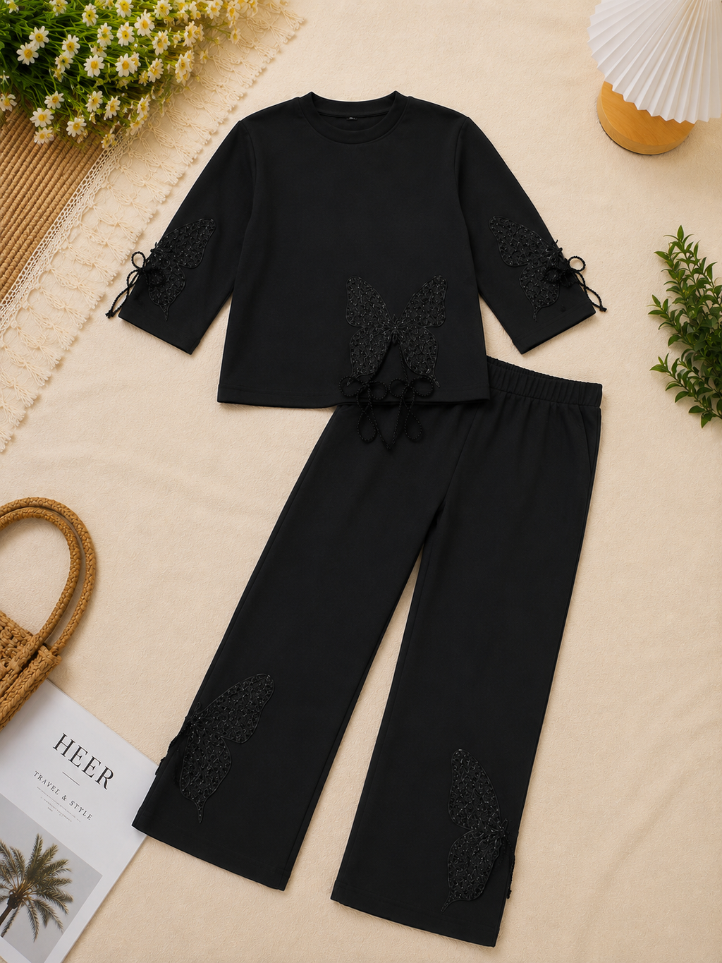 Trendy Jet Black Luxury Co-ord Set with 3D Butterfly Lace Applique Details q562567