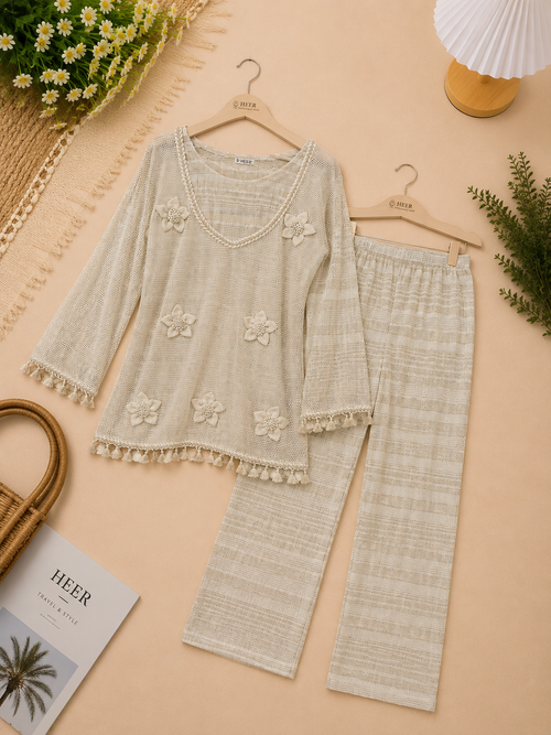 Chic Beige Textured Co-ord Set with 3D Floral Applique and Tassel Details q562672