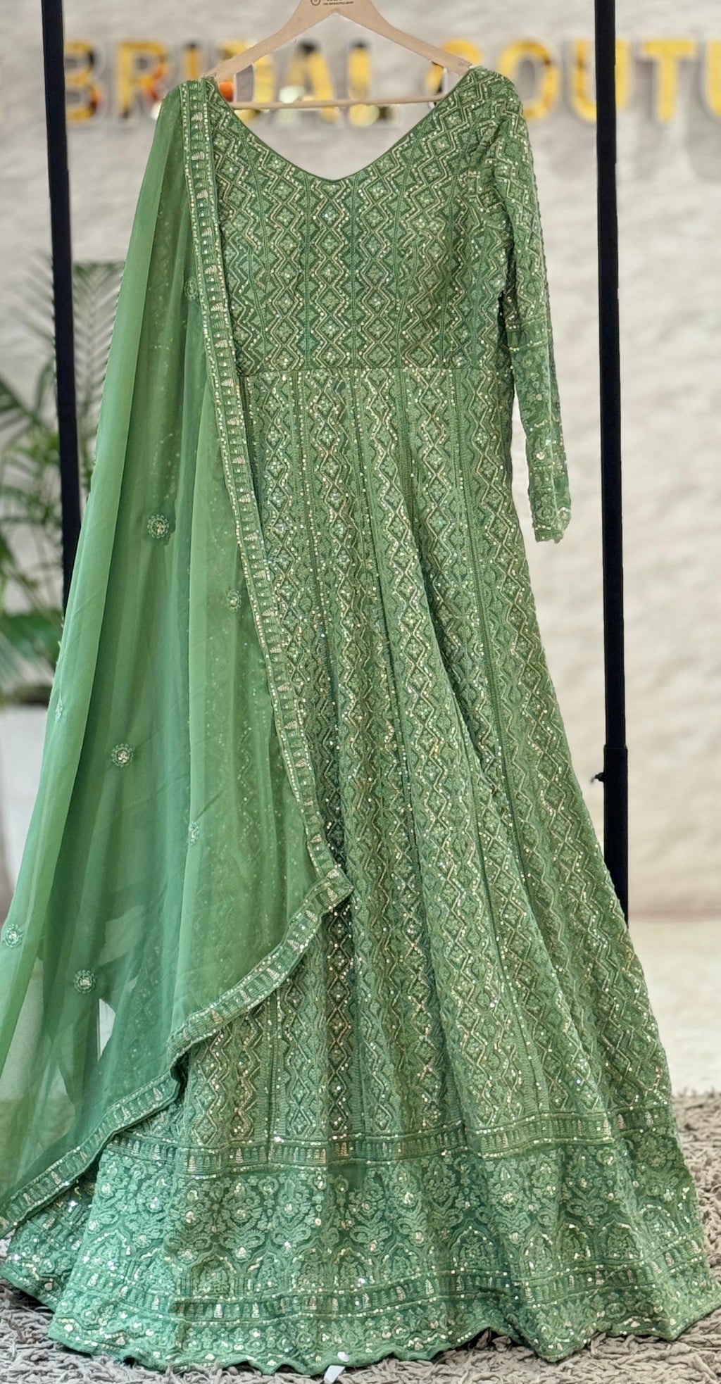 Sage Green Chikankari & Sequin Embroidered Anarkali Gown Set q562445