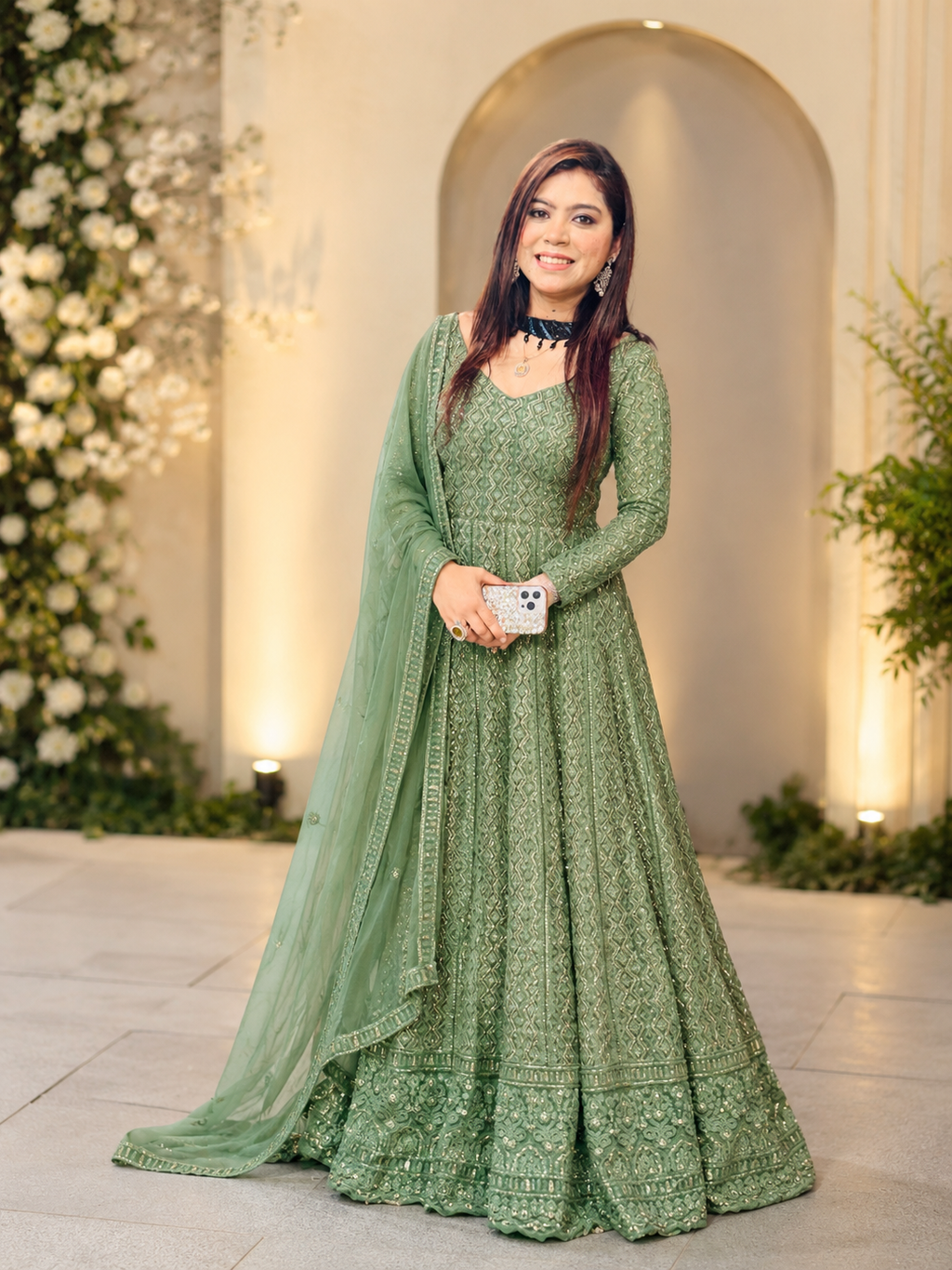 Sage Green Chikankari & Sequin Embroidered Anarkali Gown Set q562445