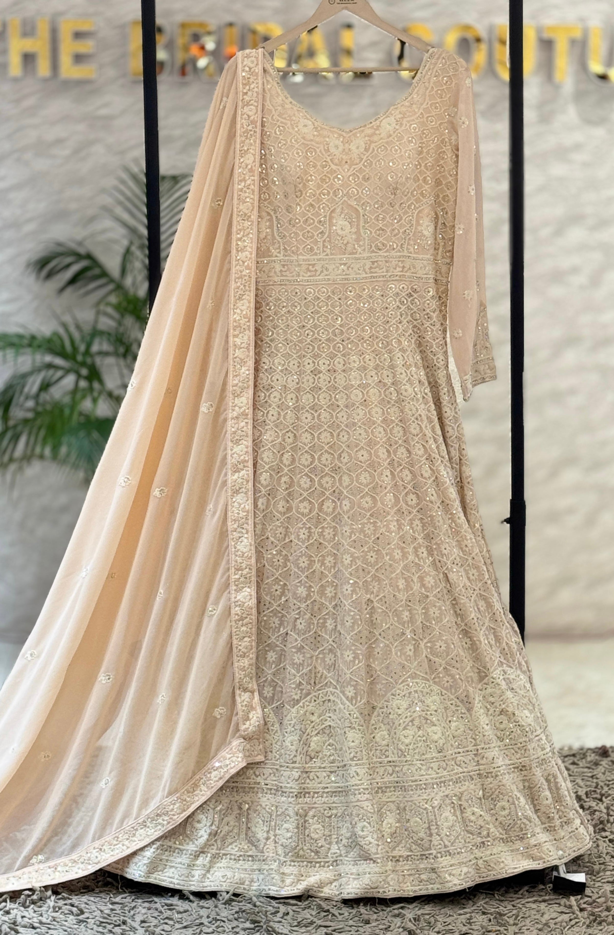 Ivory Cream Embroidered Georgette Anarkali Gown with Matching Dupatta q562448