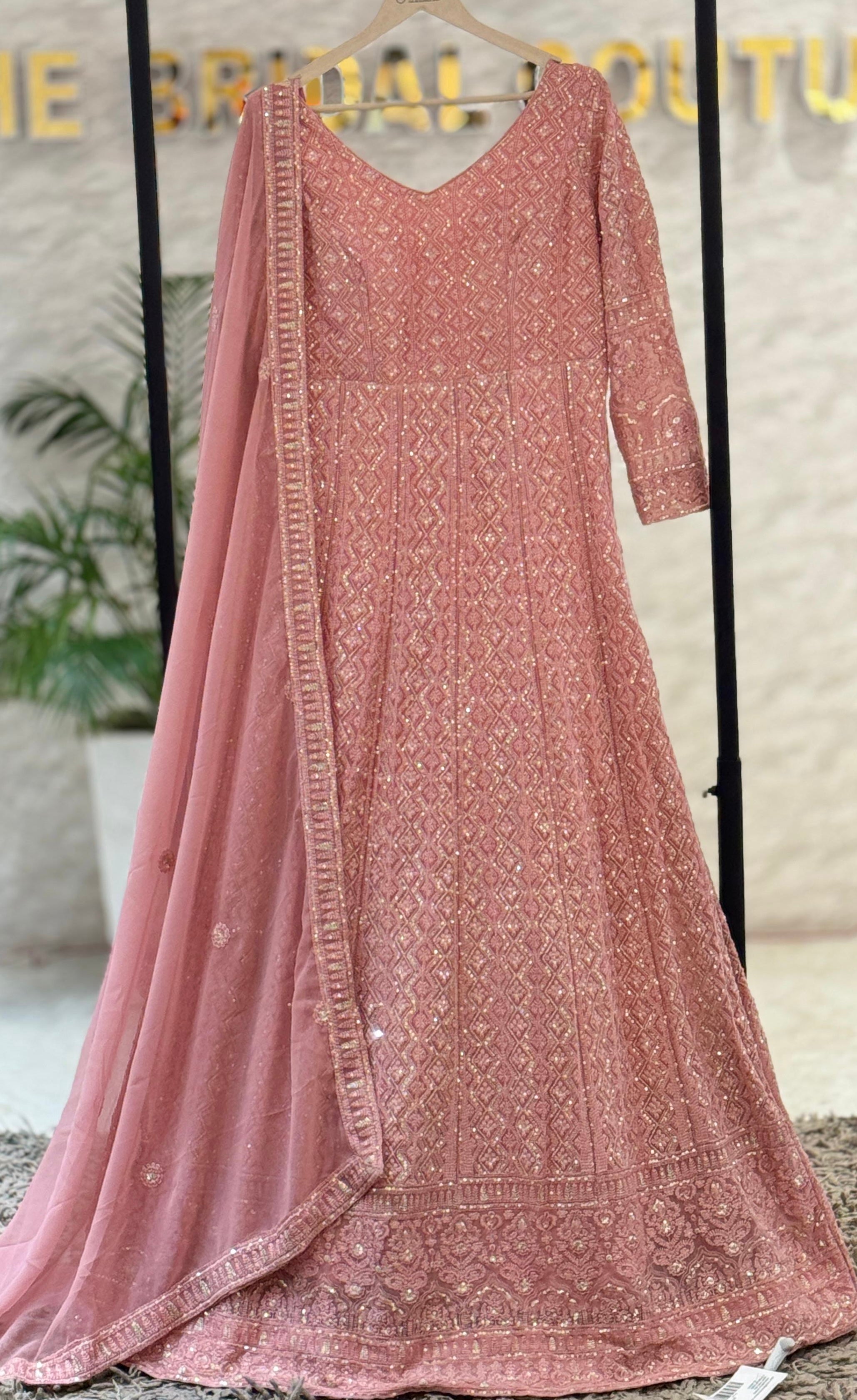 Mauve Pink Chikankari & Muted Sequin Anarkali Gown Set q562445