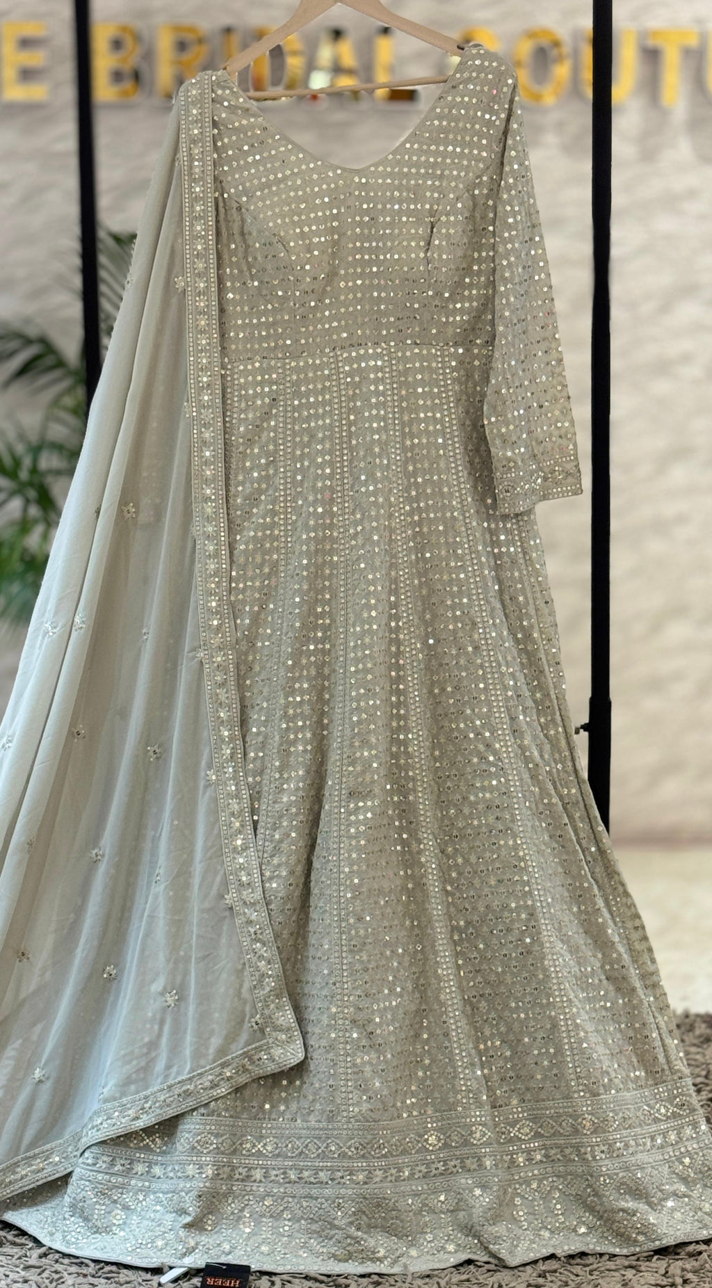 Metallic Grey Sequin & Mirror-Work Anarkali Gown Set q562446