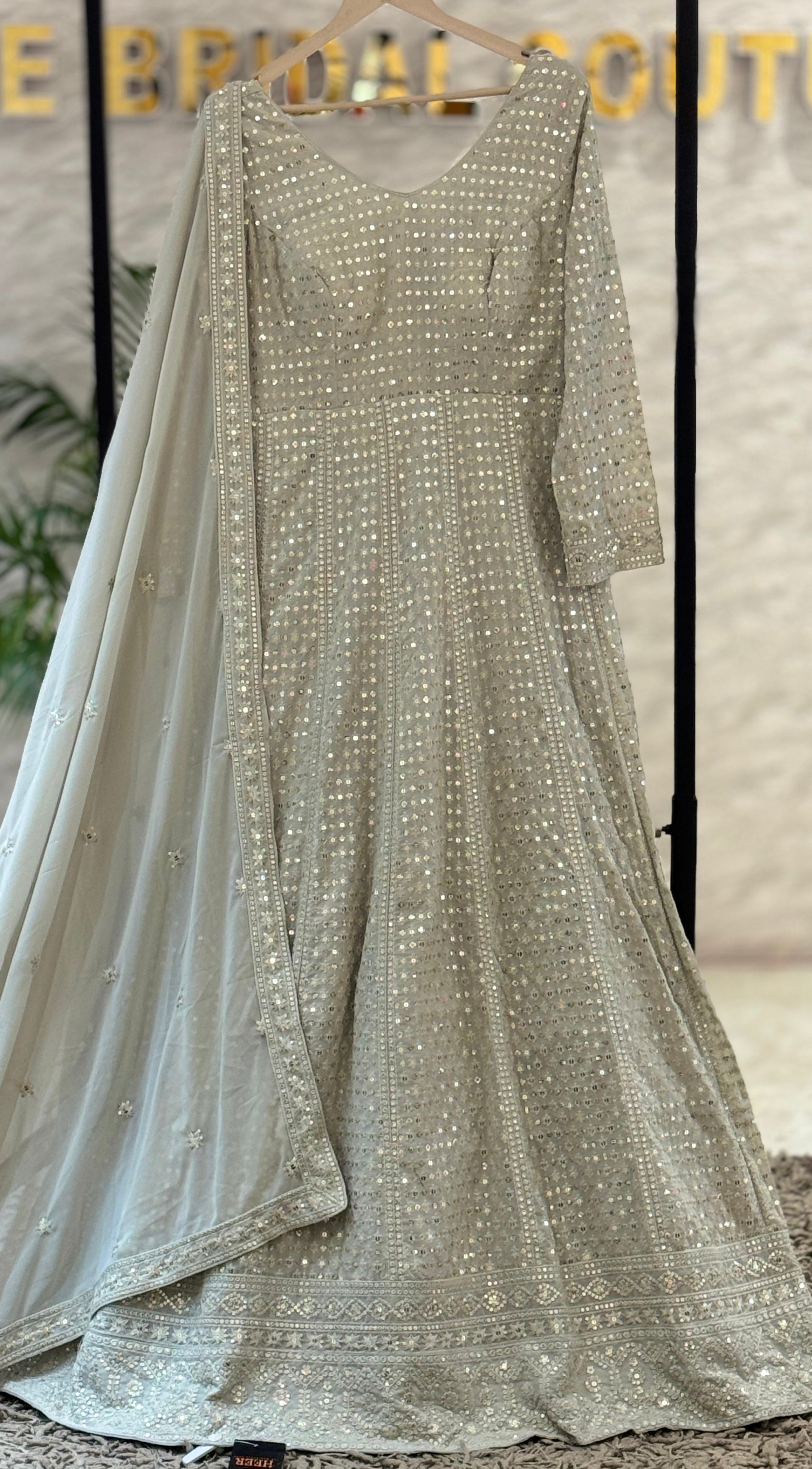 Metallic Grey Sequin & Mirror-Work Anarkali Gown Set q562446