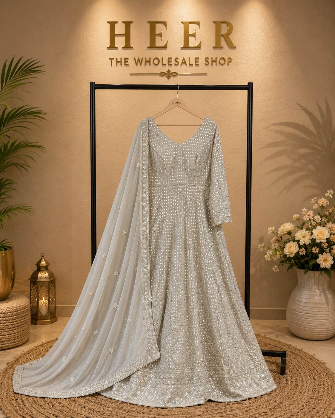 Metallic Grey Sequin & Mirror-Work Anarkali Gown Set q562446