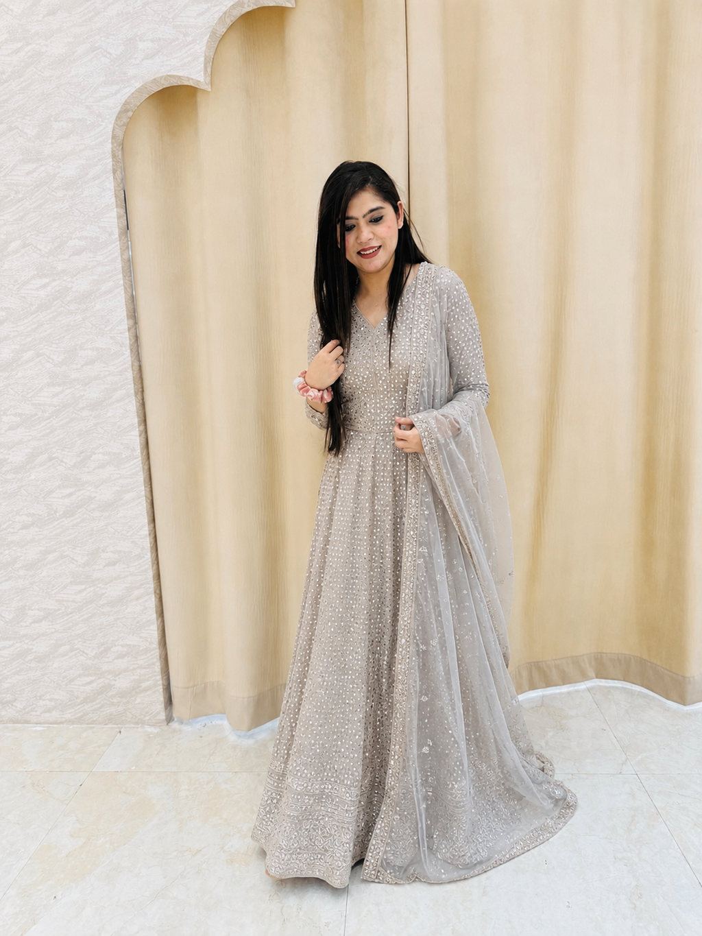 Metallic Grey Sequin & Mirror-Work Anarkali Gown Set q562446